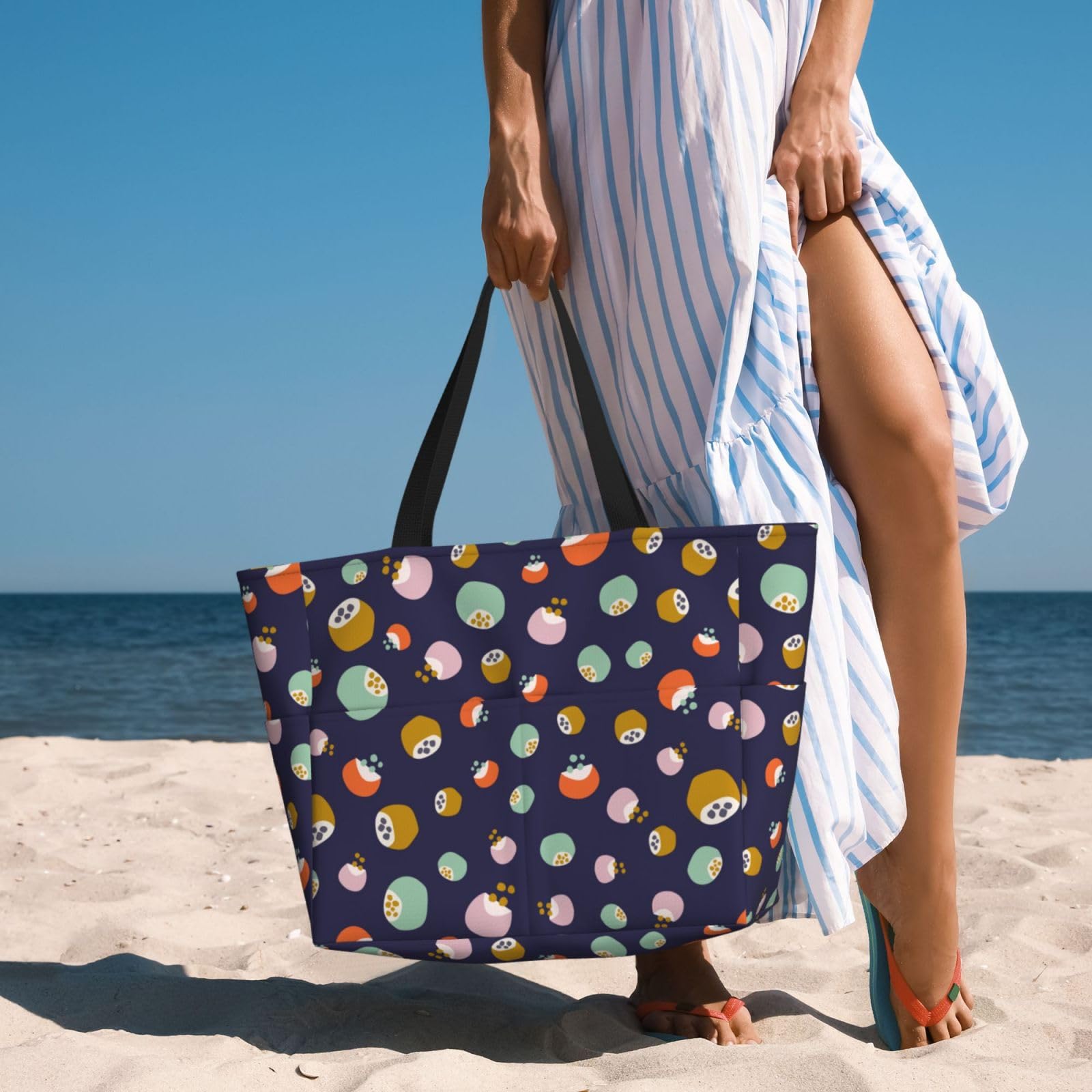 **Large Waterproof Beach Tote Bag for Women - Cartoon Lotus Root Design, Sandproof Swim Bag for Pool, Beach & Travel | Perfect for Vacation, Swimming & Summer Outings**