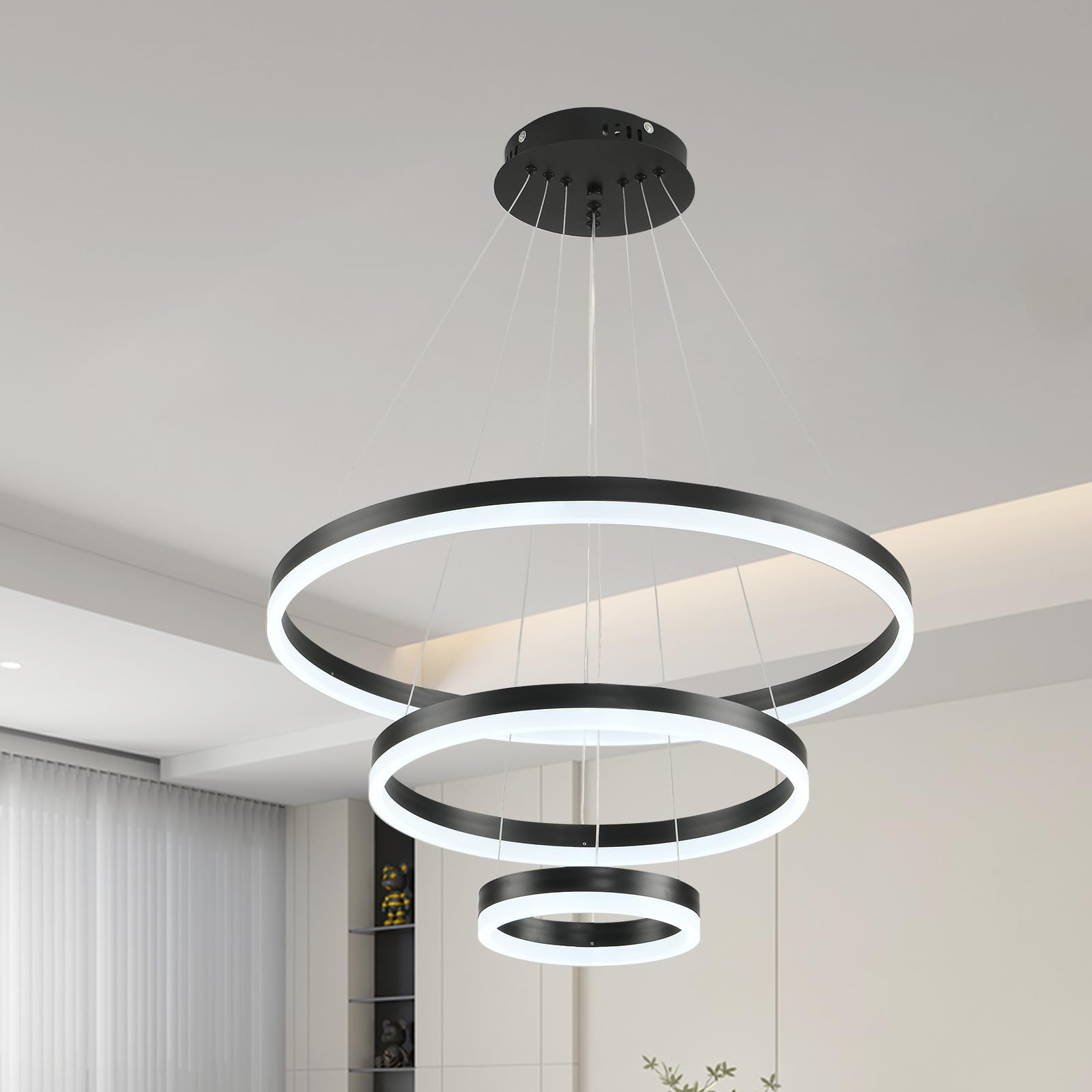 3 Ring LED Chandelier Light Fixture - Modern Dimmable Black Round Chandelier with Remote Control for Dining Room, Bedroom, Living Room & Foyer - Perfect for Home Decor, Wedding Lighting and Interior Design
