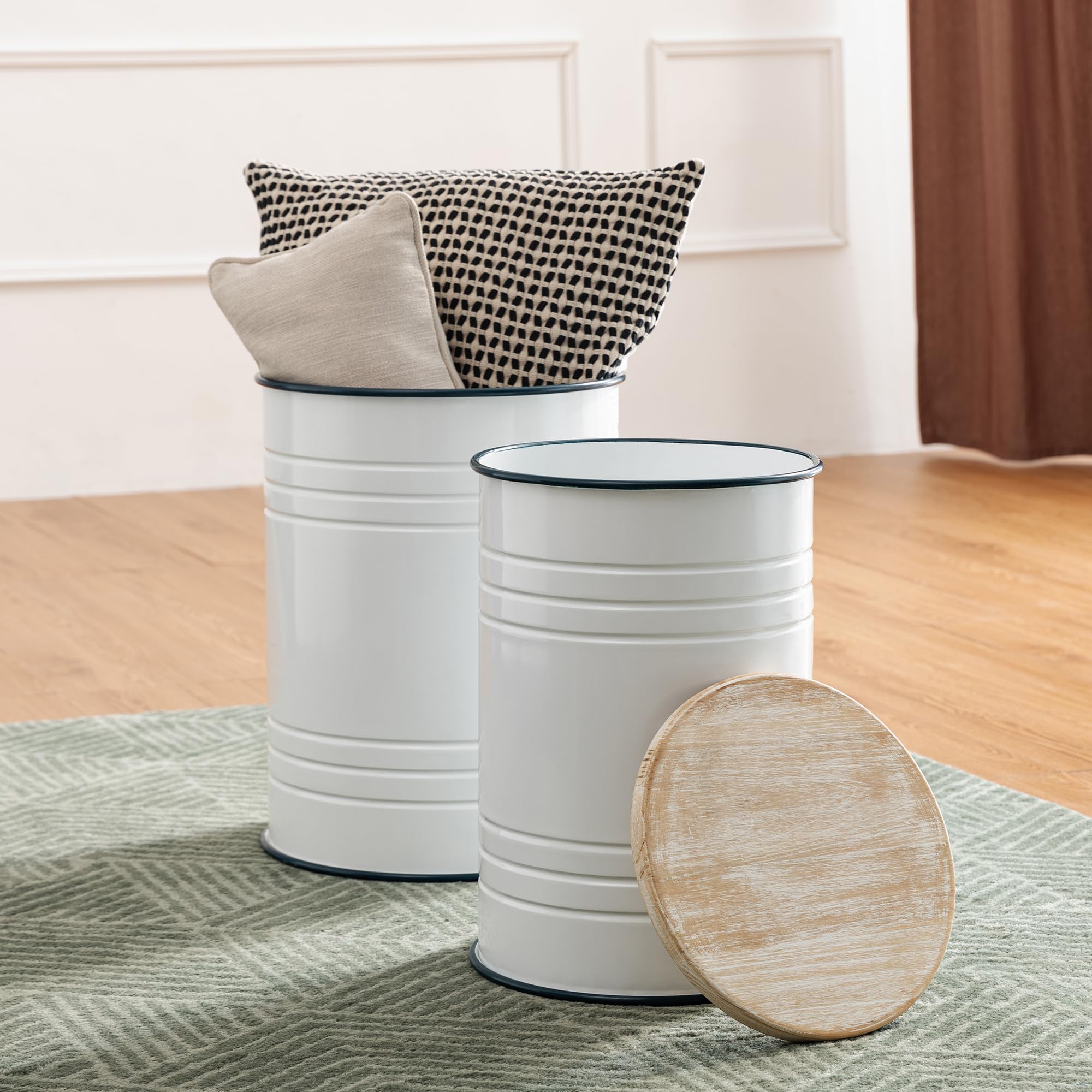 Glitzhome Rustic Storage Ottoman Seat Stool - Farmhouse End Table with Galvanized Dark Blue Rim & Round Wood Lid - Imitation Enamel Accent Side Table Toy Storage Bin for Living Room, Bedroom, Nursery - Set of 2 in White - Perfect for Home Decor, Extra Seating & Organization