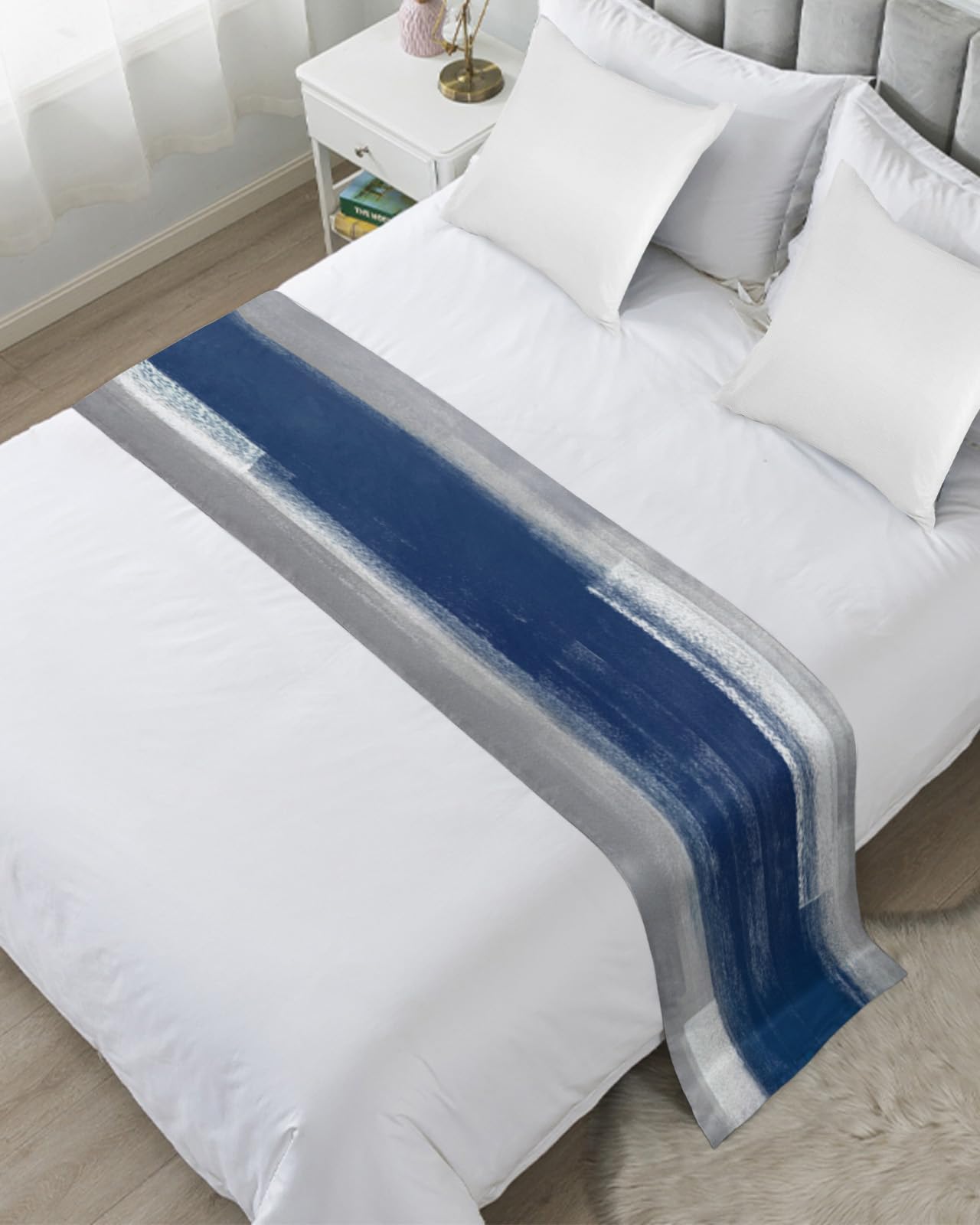Navy Blue Grey Bed Runner for Cal King Size Bed - Modern Geometric Abstract Art Decorative Throw for Foot of Bed, Sofa & Bedroom - Soft Bedding Scarf Protector & Slipcover for Cozy Home Decor