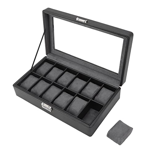 12-Slot Watch Organizer Case with Glass Lid & Lock - Jewelry Display Box for Home/Store