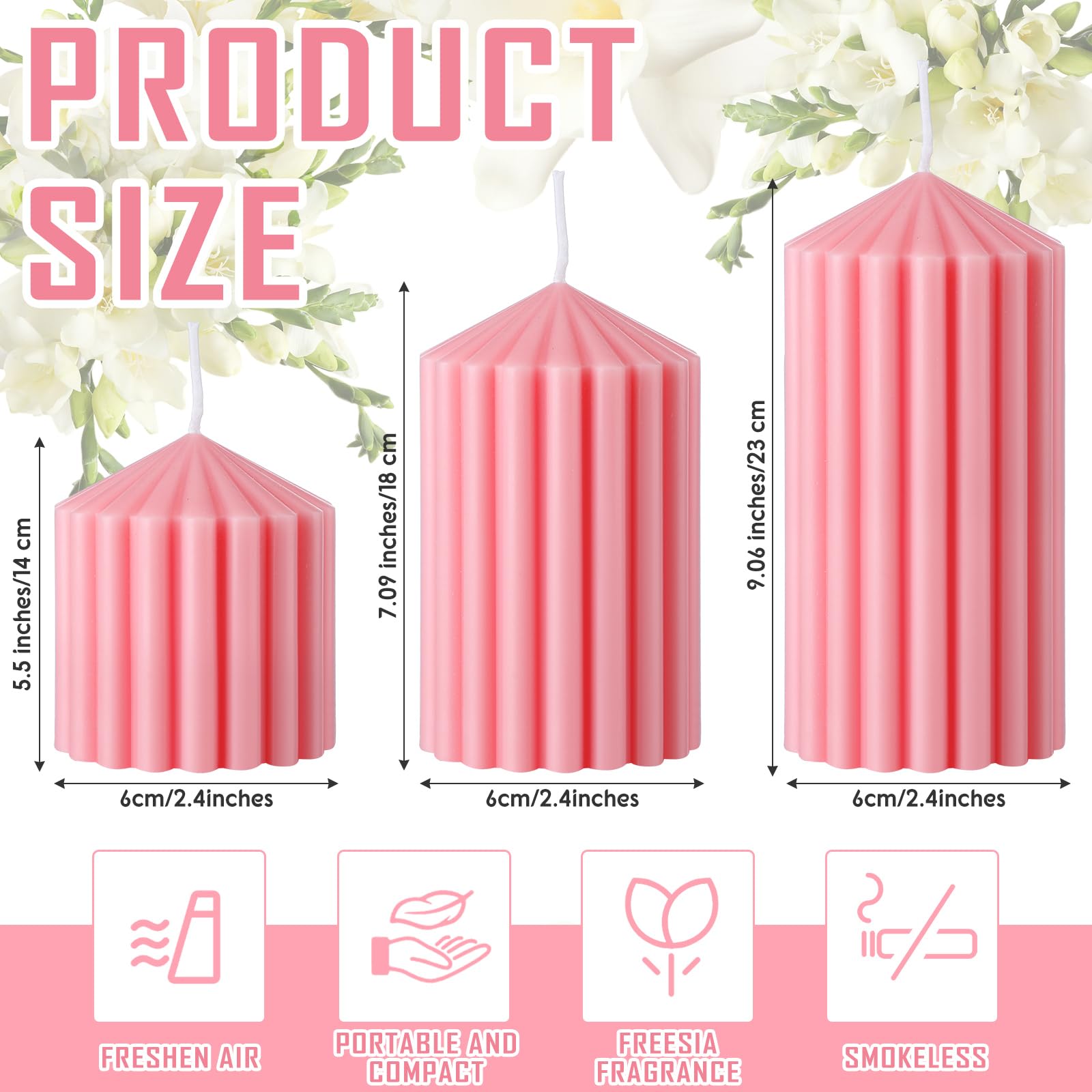 Soy Wax Ribbed Pillar Candles Set of 3 - 2.8 to 5.1 Inches, Pink for Home Decor & Gifts