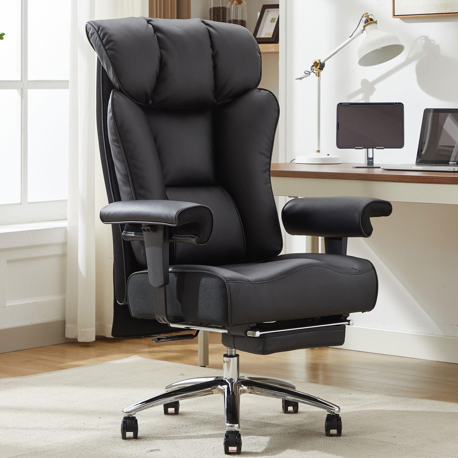 Efomao Big and Tall Office Chair 450lbs - Heavy Duty Ergonomic Executive Computer Chair with Footrest & High Back Support - PU Leather Black Large Office Chair for Home & Business Use