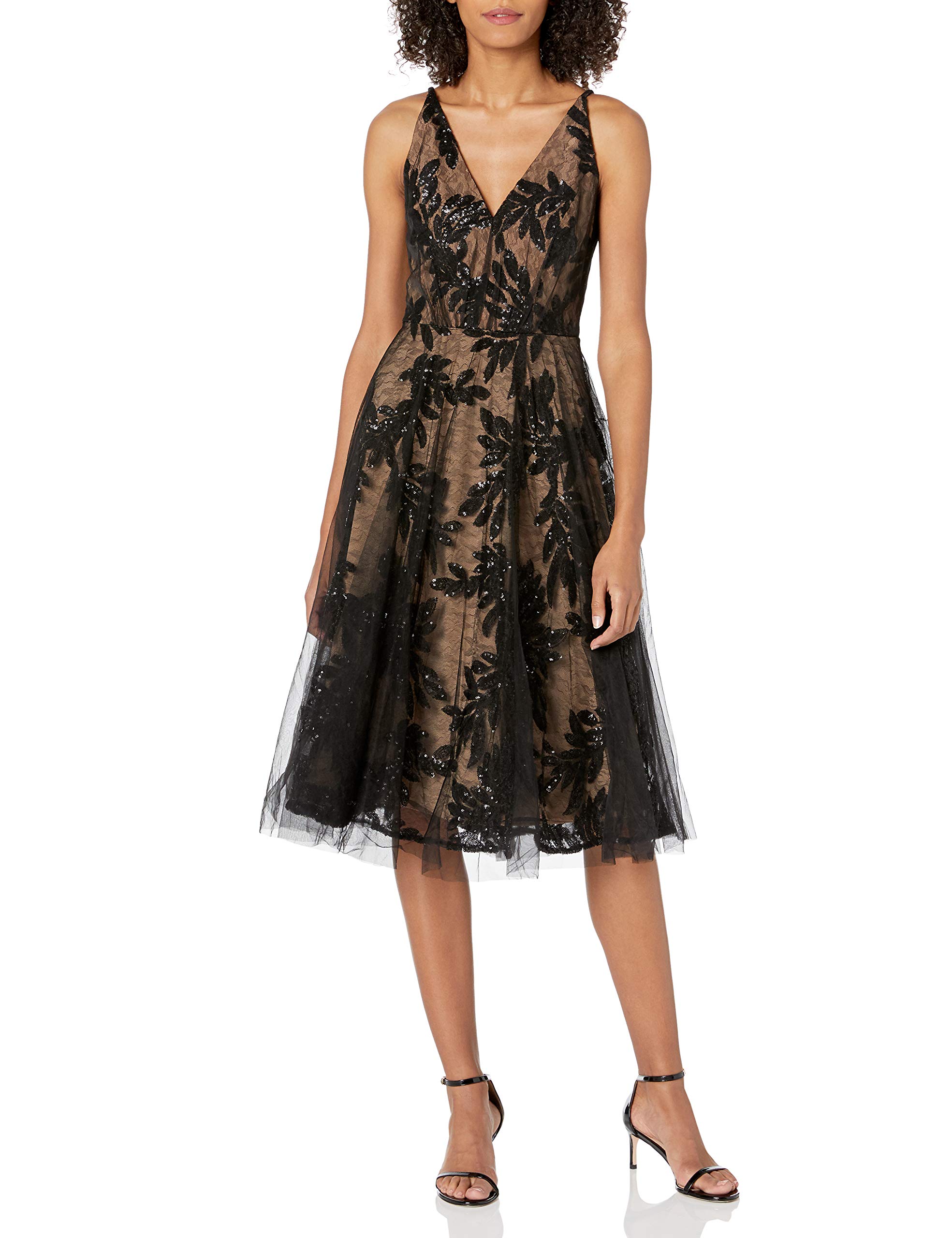 Dress the Population Women's Courtney Sleeveless Veiled Fit & Flare Midi Dress - Perfect for Weddings, Parties & Special Occasions