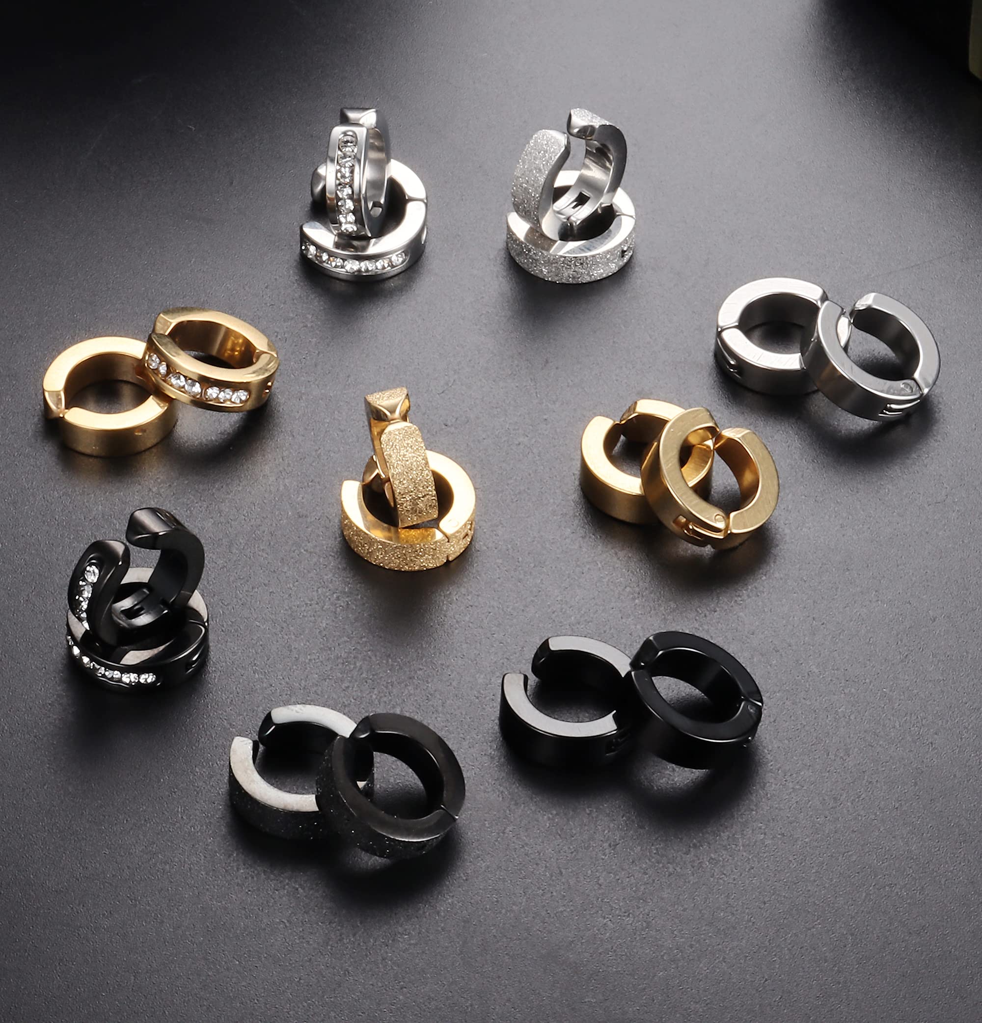 FIBO STEEL 9 Pairs Non-Piercing Clip On Earrings for Men & Women - Stainless Steel Hoop Earrings with CZ Stones | Hypoallergenic, Comfort Wear for Sensitive Ears | Perfect for Work, Parties & Special Occasions