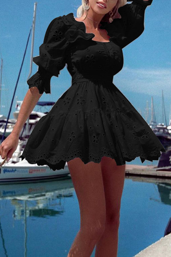 Elegant Bell Sleeve Hollow Out High Waist Mini Dress for Women - Perfect for Commuting, Office Wear & Date Night Outfits