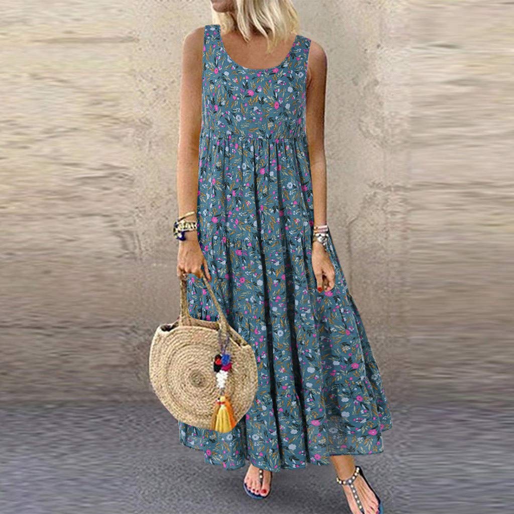 Women's Flowy Comfortable Cotton Linen Dress - Summer Boho Floral Maxi Dress with Loose Sleeveless Design for Casual Wear, Beach Vacation & Outdoor Activities