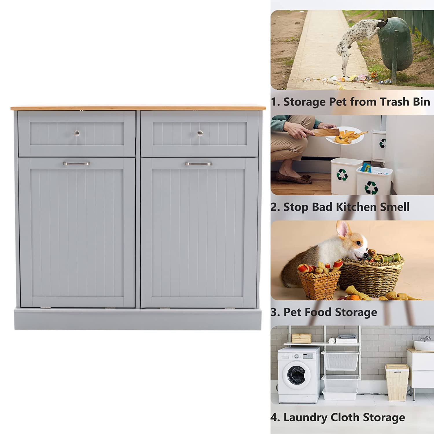 20 Gallon Double Trash Cabinet with Tilt-Out Drawers - Pet Proof Kitchen Waste Station, Wooden Recycling Hideaway with Built-in Cutting Board & Laundry Hamper (Grey) - Perfect for Kitchens, Laundry Rooms & Garages