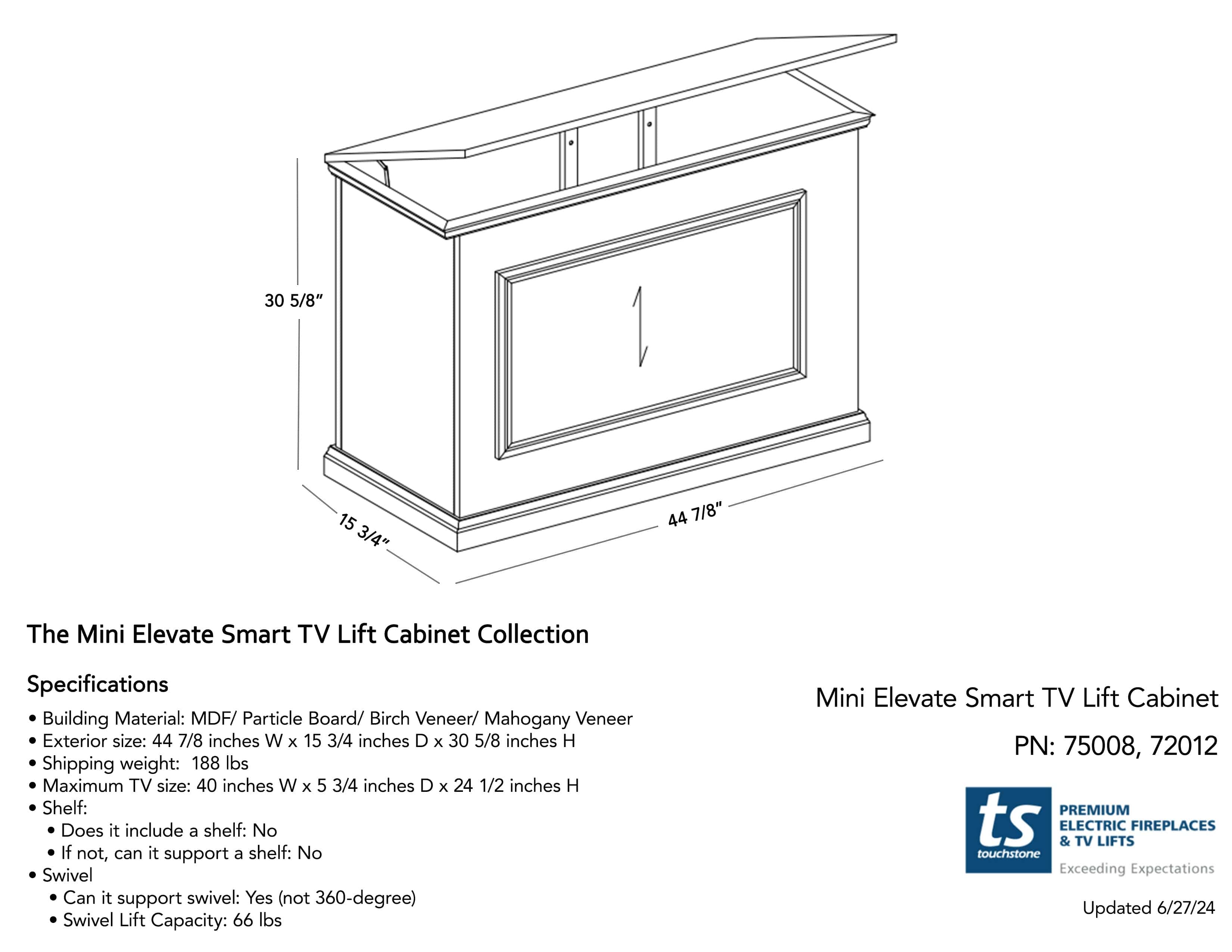 Smart TV Lift Cabinet for 46 Inch Flat Screen TVs - Unfinished Mini Elevate 75012 - Perfect for Living Room, Bedroom & Home Theater Setup