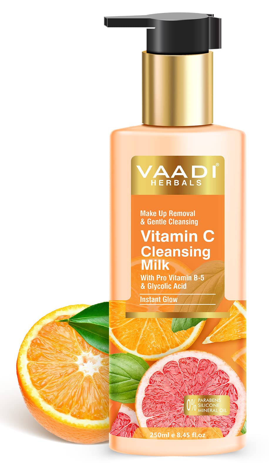 Vaadi Herbals Vitamin C Cleansing Milk with Pro Vitamin B5 & Glycolic Acid - Hydrating Makeup Remover & Instant Facial Cleanser (250ml) for Glowing Skin | Perfect for Daily Skincare Routine & Post-Makeup Cleansing