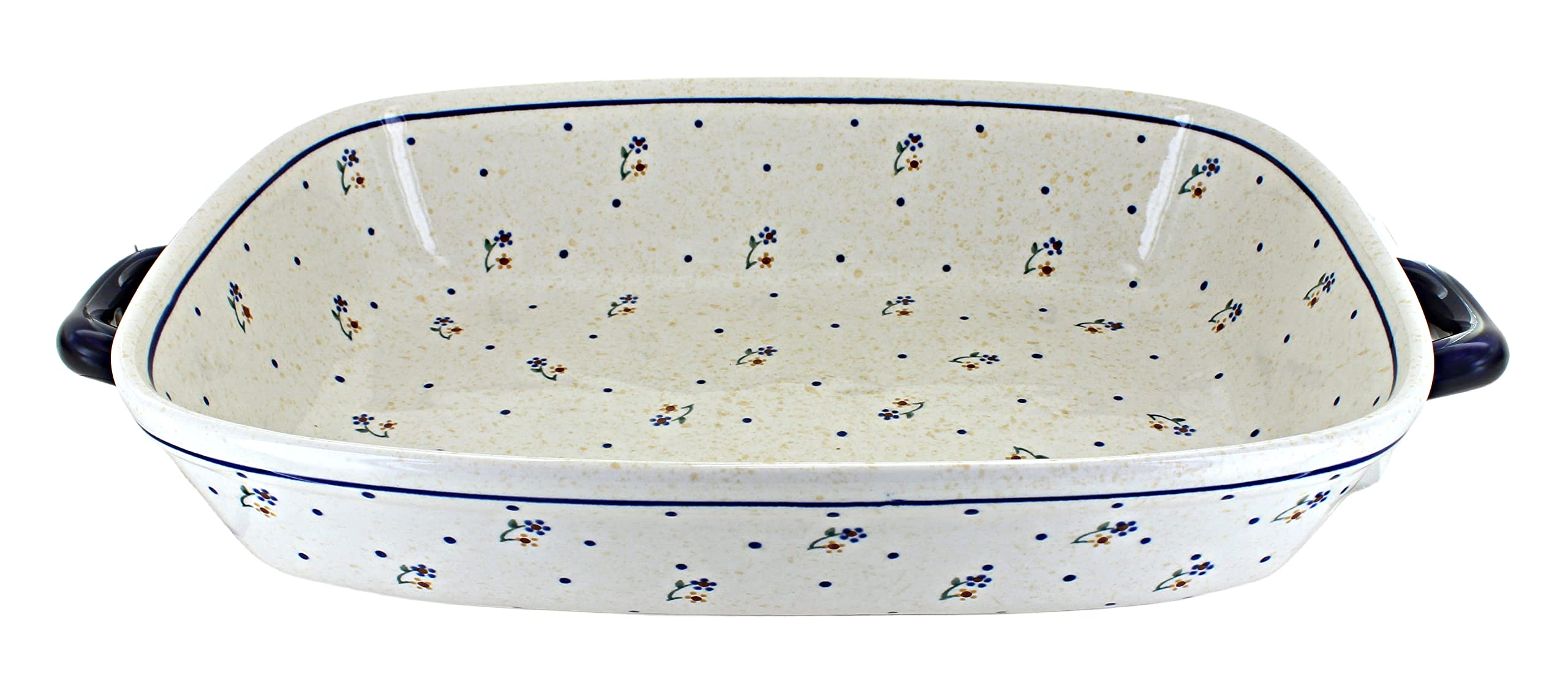 Handmade Blue Rose Polish Pottery Country Meadow Extra Large Baker with Handles - Perfect for Baking Casseroles, Bread & Serving Dishes at Family Gatherings