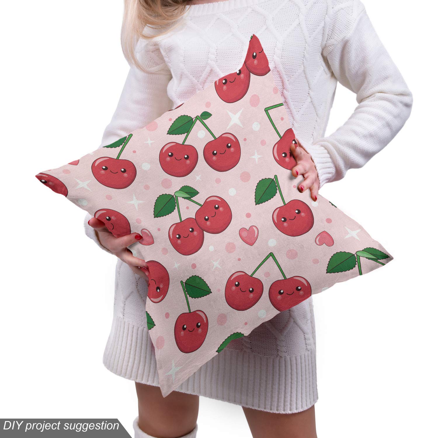 Ambesonne Funny Kawaii Berries Fabric - 10 Yards of Cherry Branch Print with Smiling Faces in Pale Pink & Ruby Green - Upholstery & Home Decor Fabric for Couples Bedroom, Romantic Duvet Covers, Throw Pillows & DIY Crafts