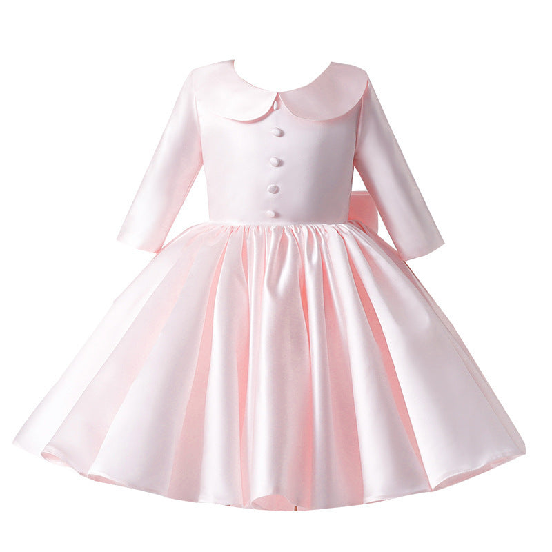 Pink Long Sleeve Baby Girl Dress with Doll Collar - Elegant Puffy Princess Party Outfit for Birthday, Photo Shoot & Special Occasions