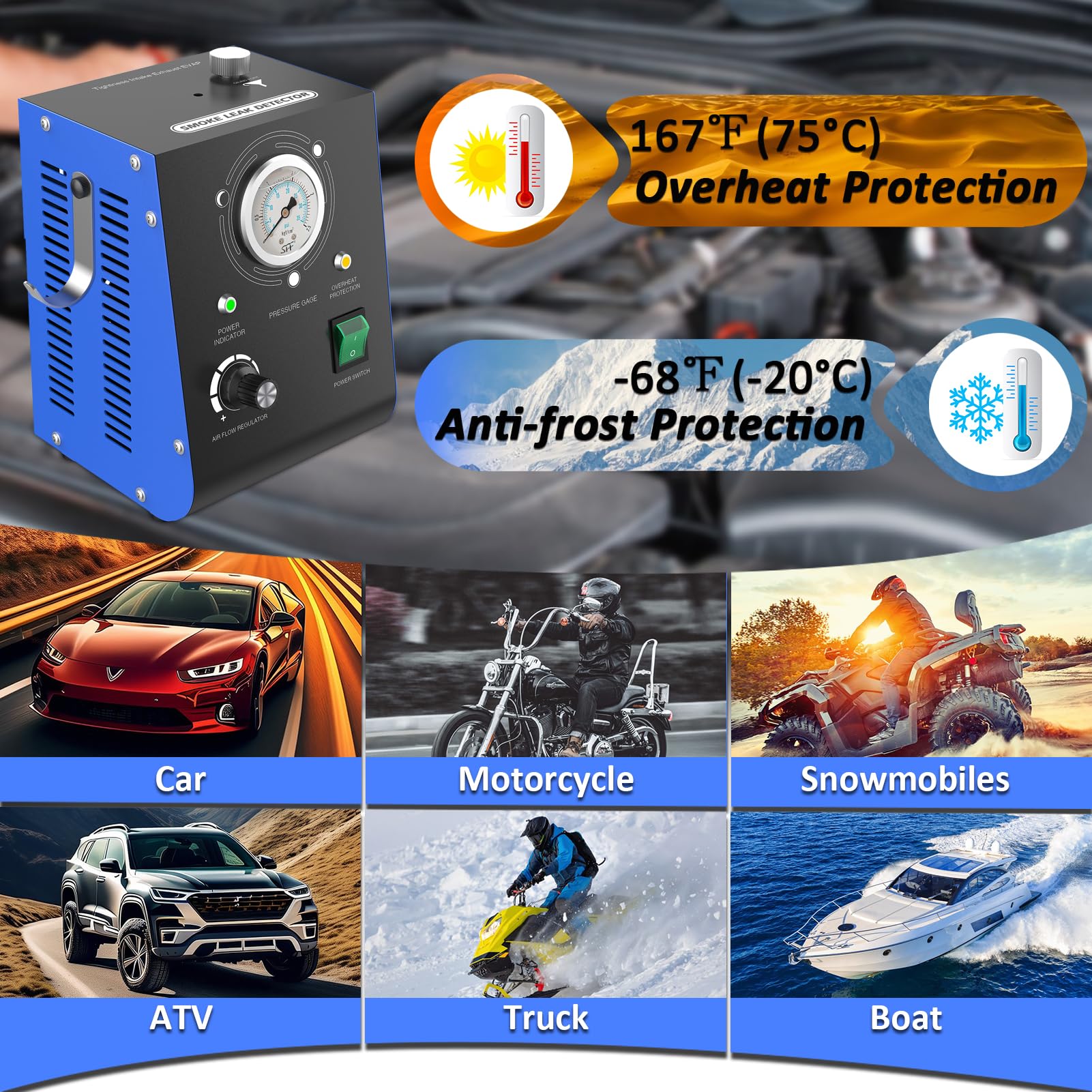 Automotive Smoke Machine Leak Detector with Built-in Air Pump | EVAP Smoke Tester with Adjustable Pressure Gauge | 12V DC Vehicle Pipe System Diagnostic Tool | Perfect for Detecting Vacuum Leaks in Cars, Trucks & SUVs