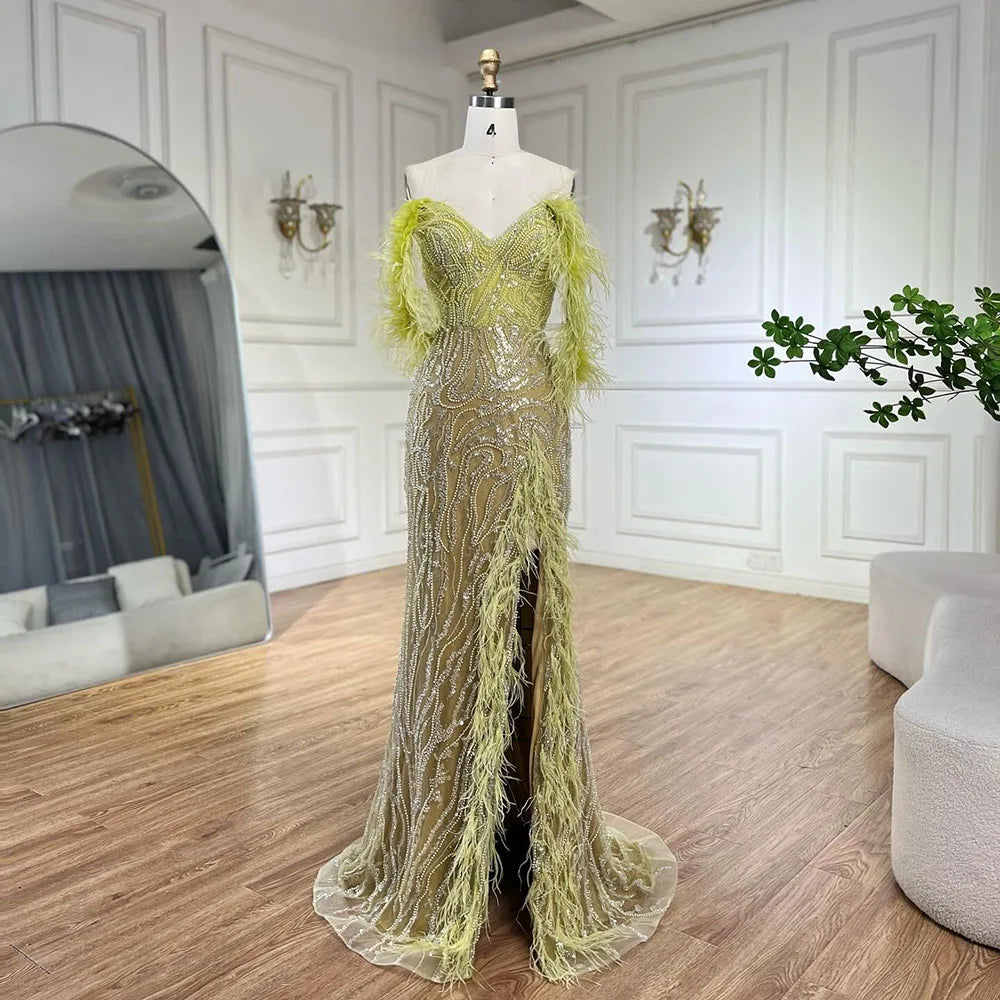 Serene Hill Turquoise Spaghetti Strap High Slit Mermaid Beaded Feather Evening Gown for Women - Elegant Wedding Party Dress 2025 LA72602 | Perfect for Prom, Gala, Red Carpet & Formal Events