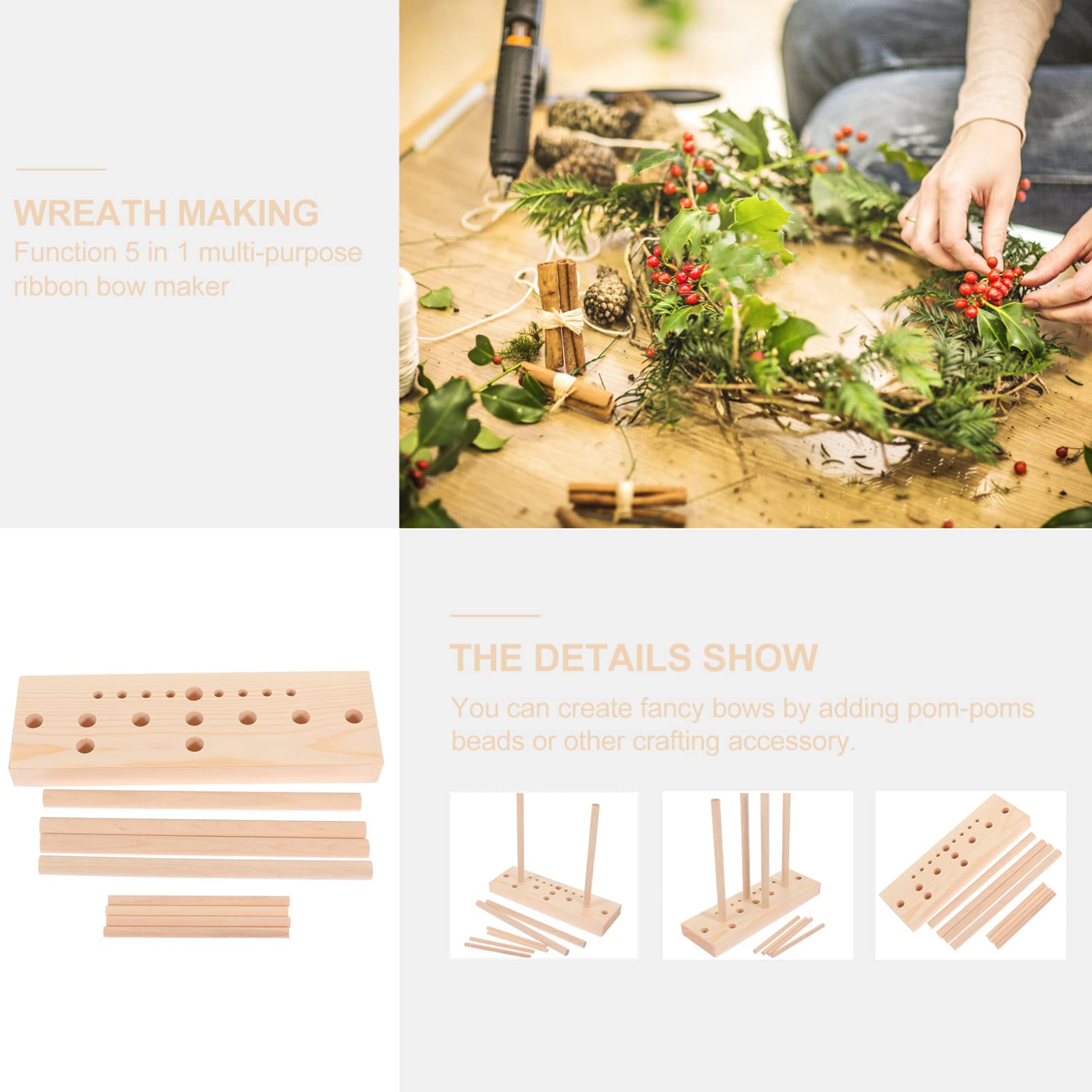 Kisangel 5-in-1 Wooden Bow Maker Tool Set for DIY Craft Ribbons - Perfect for Christmas Wreaths, Holiday Decorations, Halloween Bows & Gift Wrapping