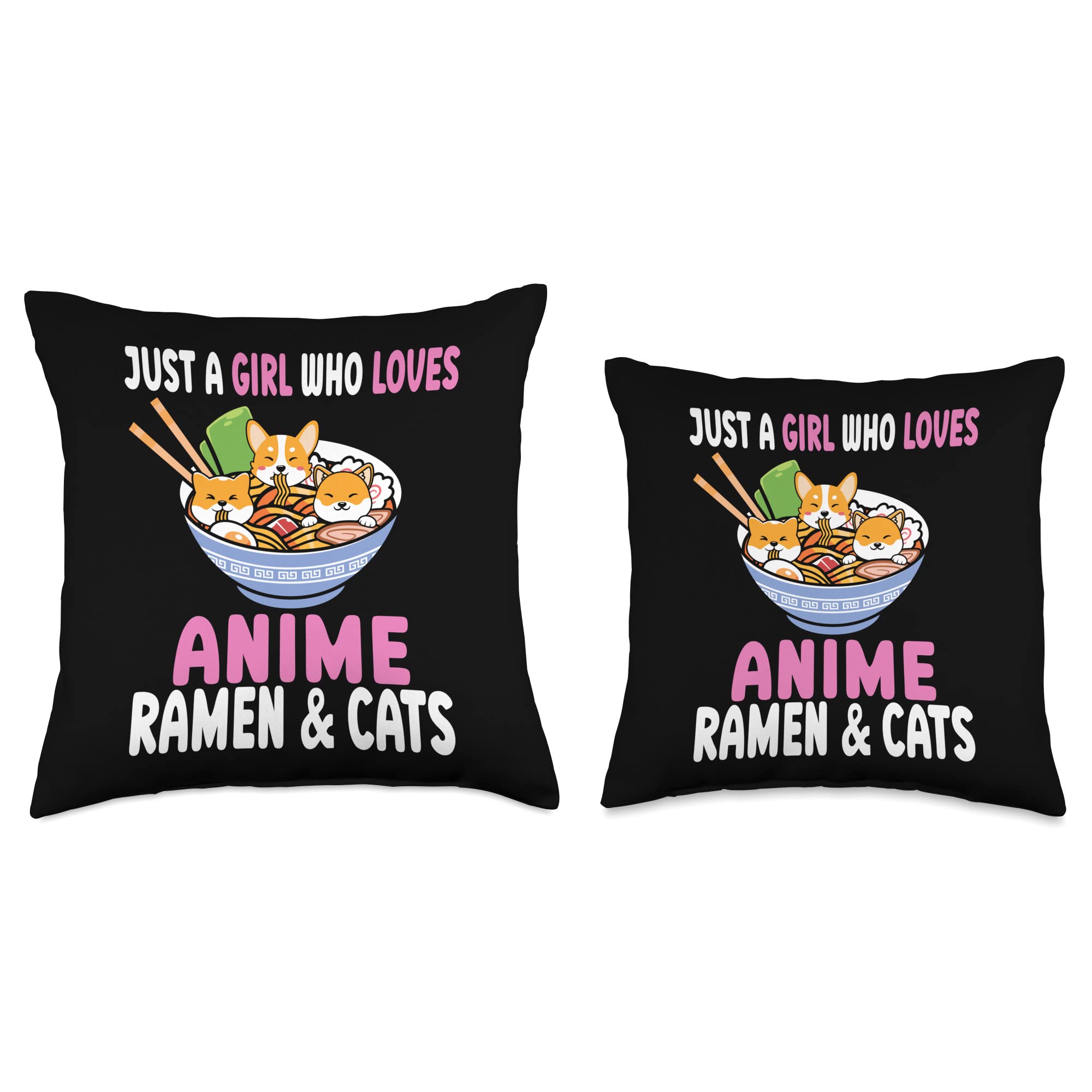 Anime Ramen & Cats Manga Kawaii Girl Throw Pillow 16x16 - Cute Japanese Pop Culture Decor for Bedroom, Living Room, Dorm - Perfect Gift for Anime Fans & Otaku