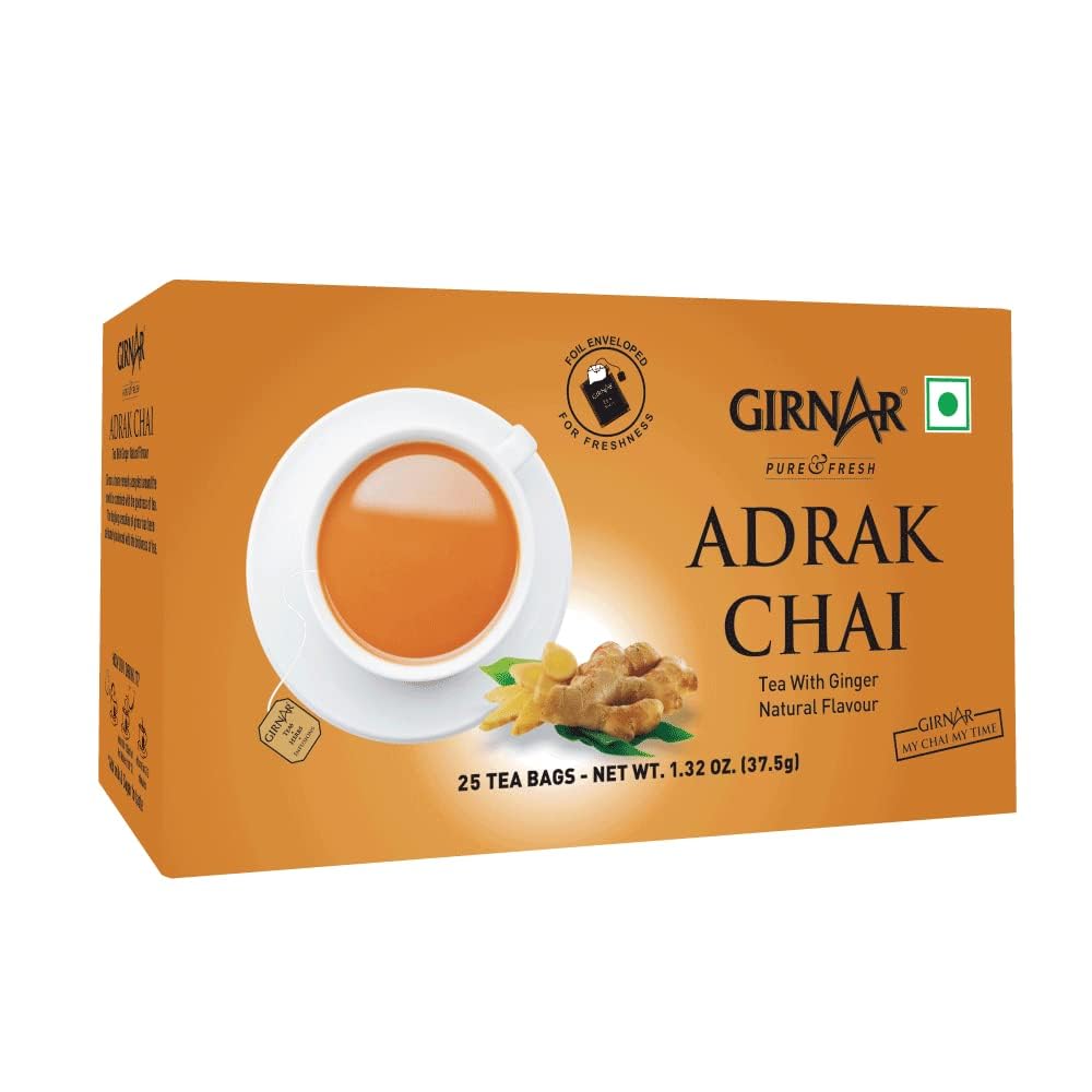 Girnar Adrak Ginger Tea Bags - 25 Count | Natural Herbal Tea for Digestion & Immunity | Perfect for Morning Boost & Cold Relief