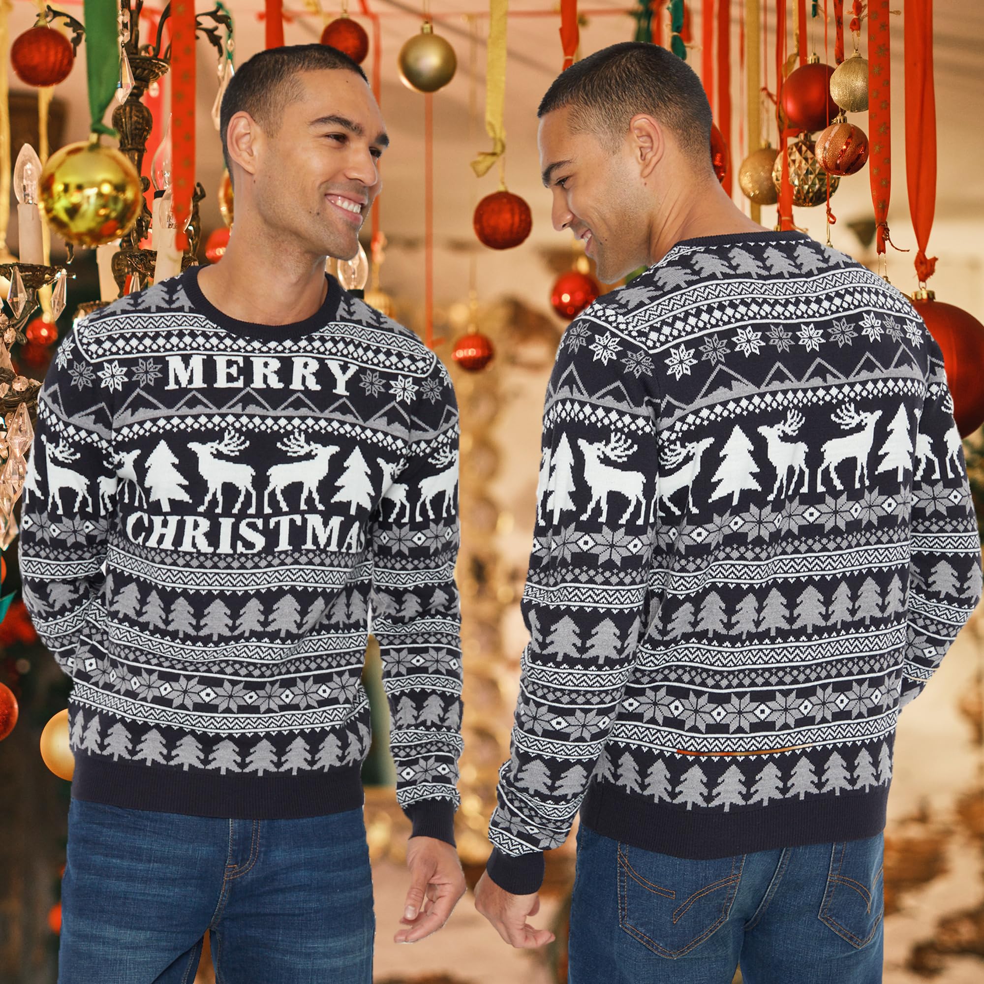 NOROZE Men's Christmas Sweater - Reindeer & Stag Nordic Polar Bear Holiday Knitwear, Festive Unisex Xmas Jumper for Parties & Family Gatherings