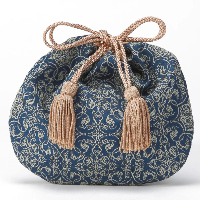 Handmade Nishijin Brocade Small Drawstring Pouch - Grapevine & Navy Blue - Traditional Japanese Craft Purse from Kyoto | Perfect for Jewelry, Coins & Gifts