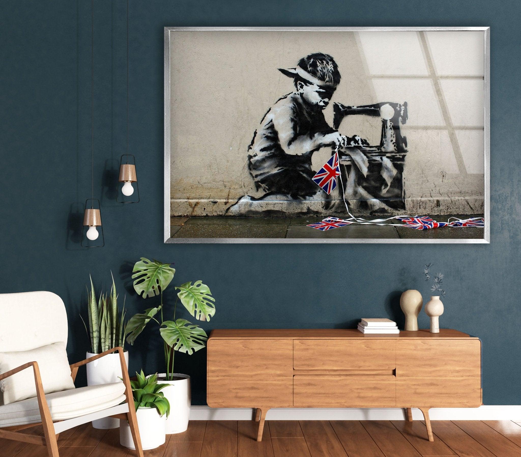 Banksy UK Flag Glass Wall Art - Modern British Street Art Decor for Living Room, Office & Gifts