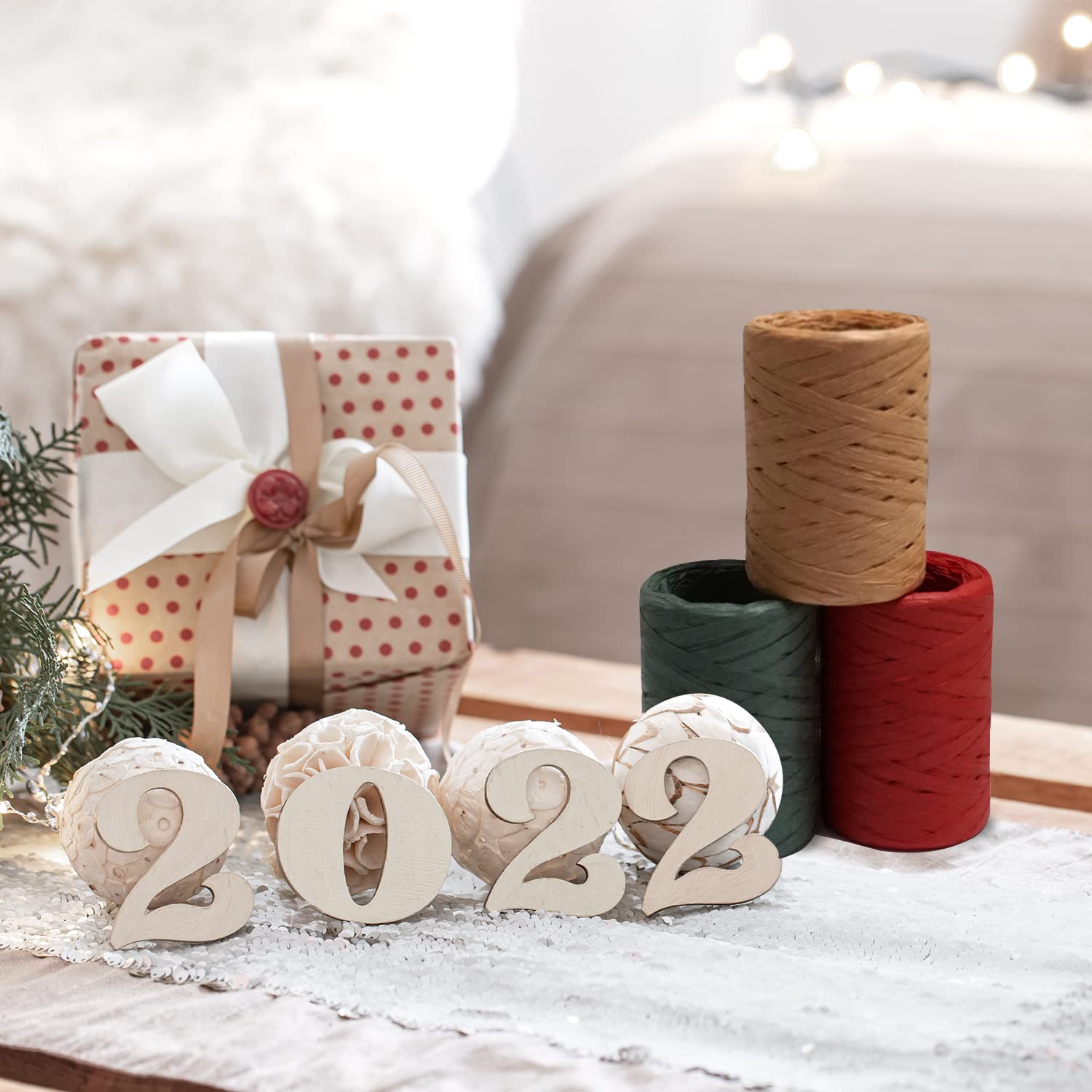 Premium Raffia Ribbon for Gift Wrapping - 3 Rolls Christmas Craft Ribbon, Packing Paper Twine (Red & Green Kraft, 1/4