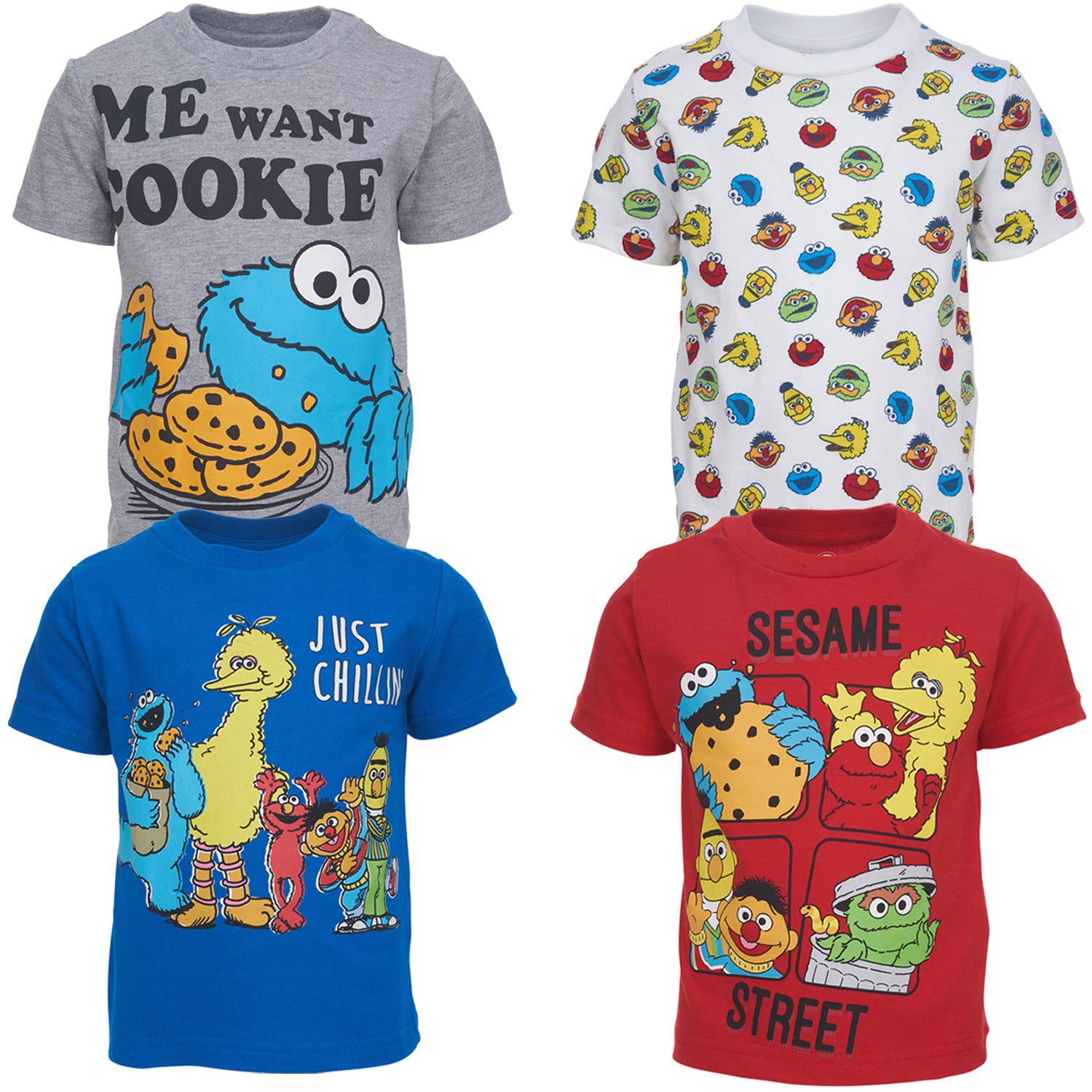 **Sesame Street Toddler Boys & Girls 4-Pack T-Shirts - Elmo, Oscar, Big Bird, Cookie Monster - Soft Cotton Playwear for Daycare & Preschool**