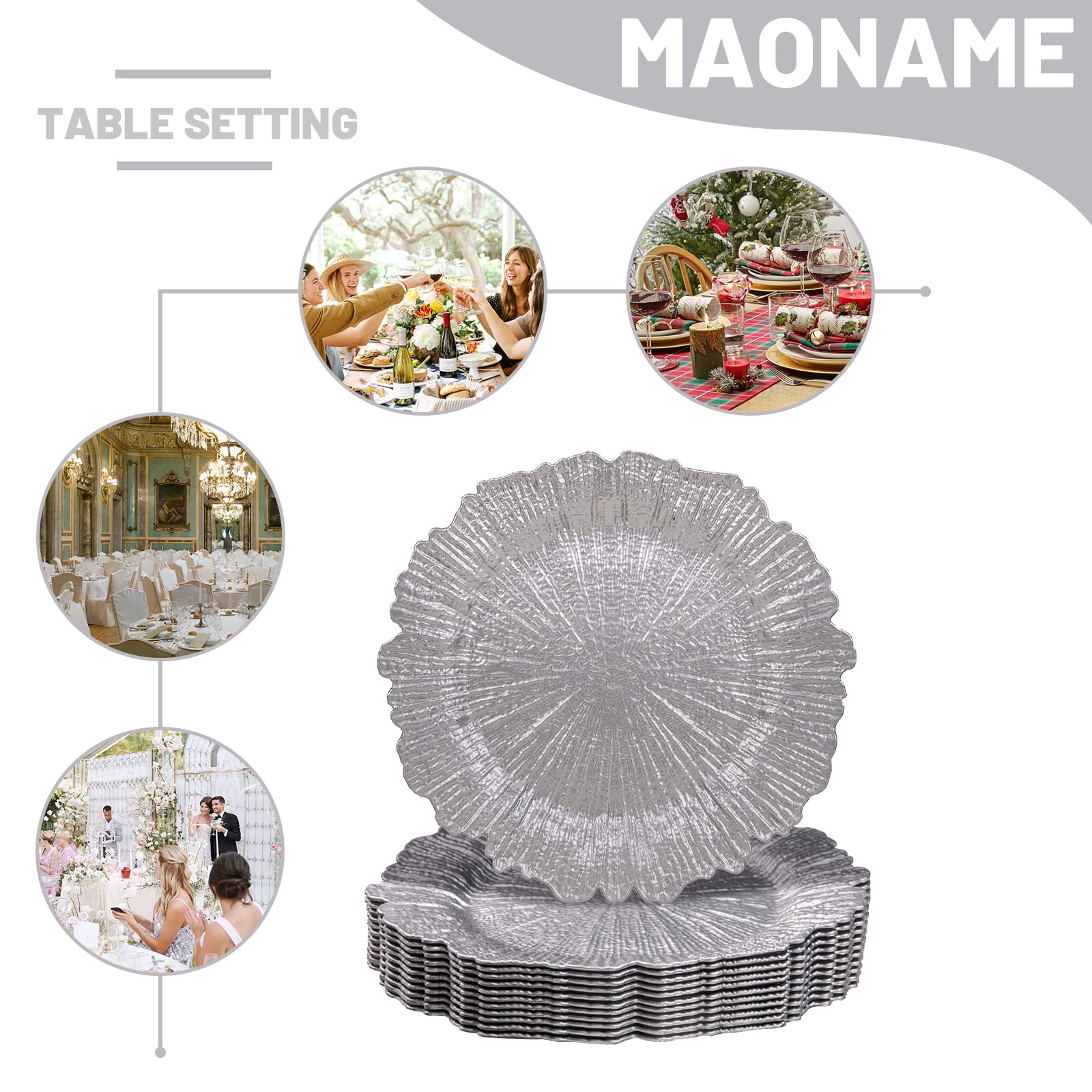 MAONAME 12-Pack Silver Charger Plates - Elegant Plastic Decorative Dinner Plate Chargers for Table Setting, Thanksgiving & Christmas Celebrations - Perfect for Holiday Parties, Wedding Receptions & Fine Dining Events