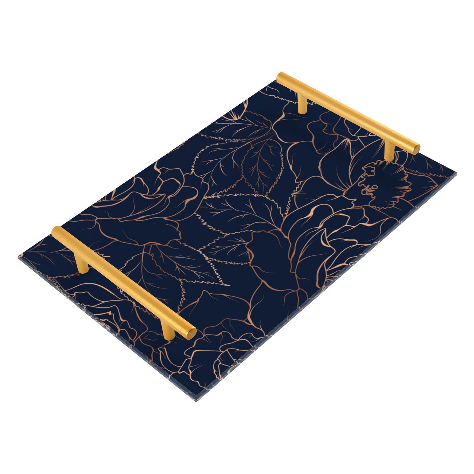 Copper Gold Bathroom Vanity Tray with Handles - Navy Blue Countertop Organizer for Makeup, Jewelry & Essentials - Farmhouse Decor for Bathroom, Bedroom & Kitchen Storage