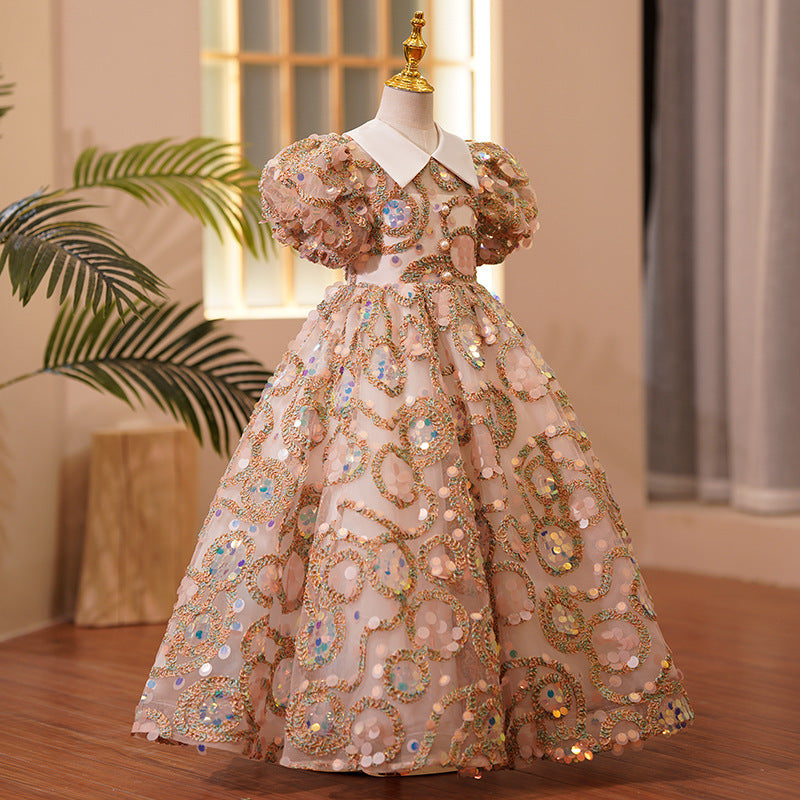 First Communion Dress for Baby Girls | Easter Dress with Luxury Sequins & Puff Sleeves | Pageant Princess Gown for Summer | Perfect for Church, Weddings & Special Occasions