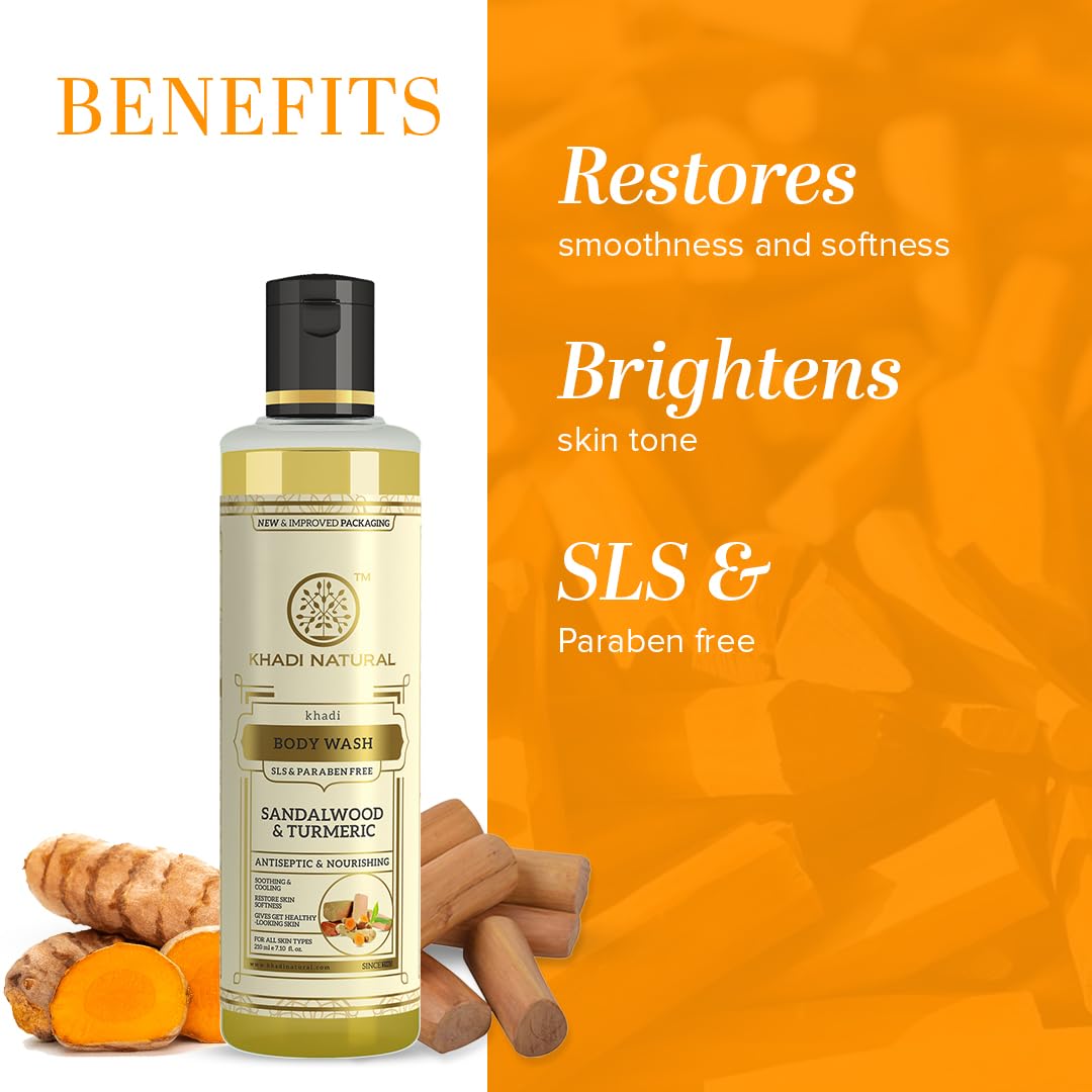Khadi Herbal Sandal & Turmeric Body Wash - SLS & Paraben Free, 210ml | Natural Ayurvedic Cleanser for Dry & Sensitive Skin | Perfect for Daily Shower & Spa Relaxation