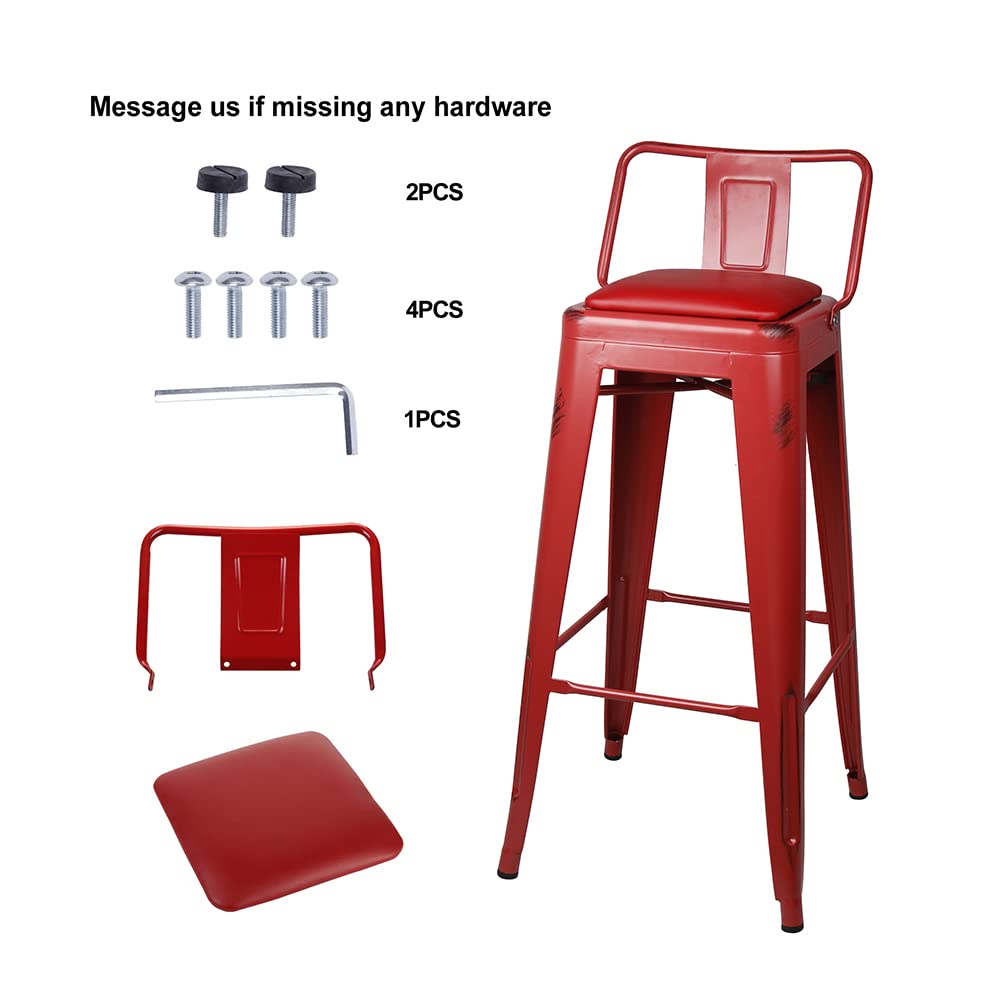 GIA 30-Inch Low-Back Bar Stool Set of 4 - Salmon Red with Red Vegan Leather Seat - Perfect for Kitchen Islands, Breakfast Bars & Home Decor
