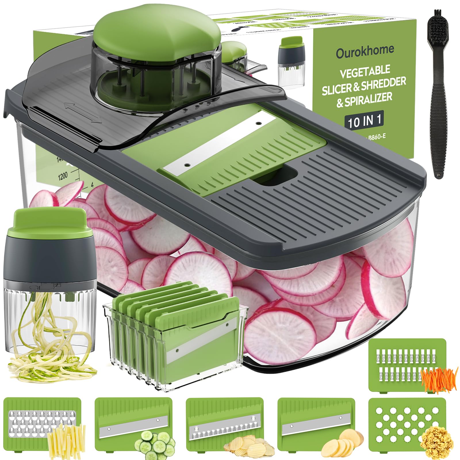 Ourokhome 10-in-1 Mandolin Slicer with Handheld Spiralizer - 6 Blades Vegetable Cutter for Potato, Carrot, Zucchini - Safe Kitchen Gadget for Salad Prep, Meal Prep & Healthy Cooking (Gray)