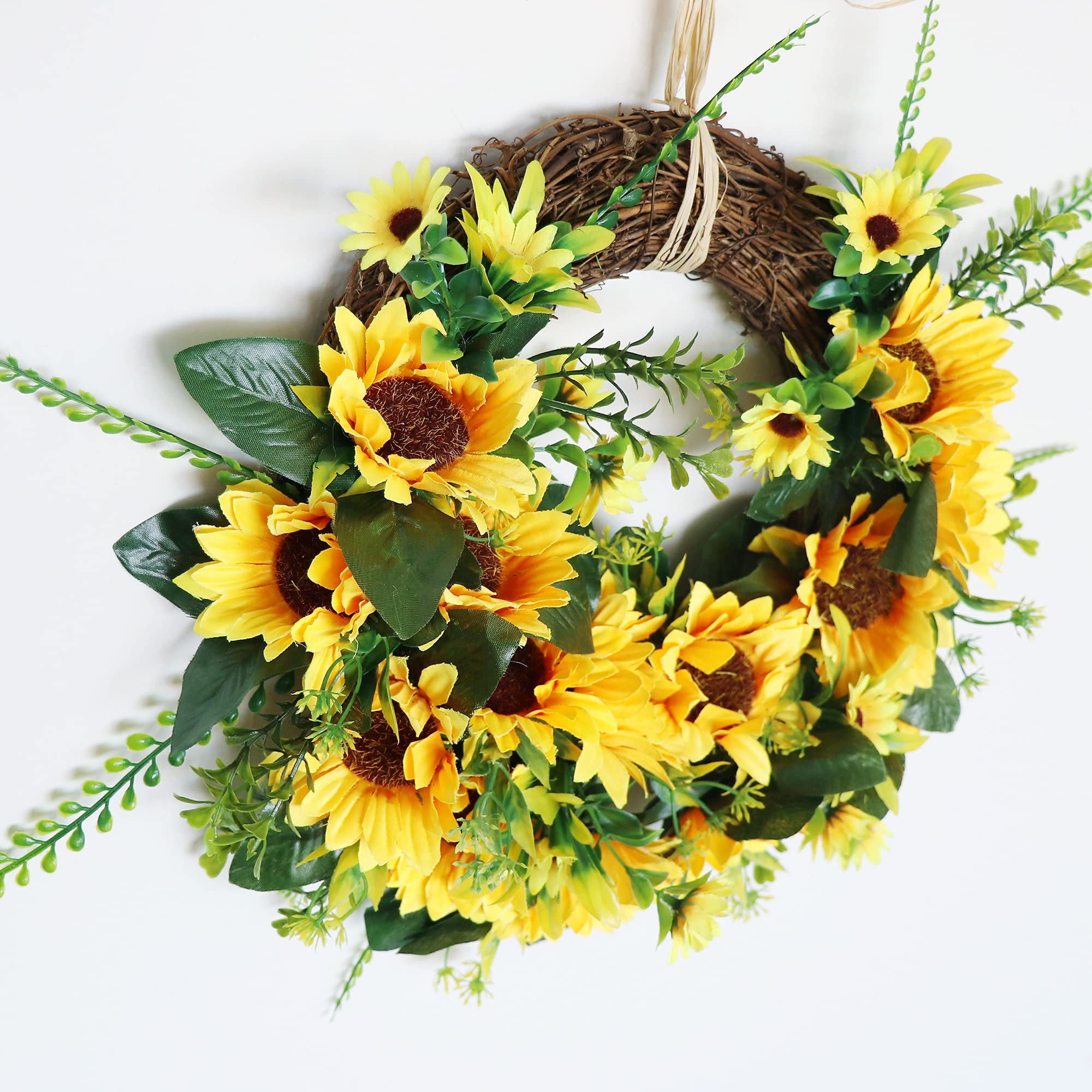 Ansuma Silk Sunflower Wreath - Rustic Farmhouse Decor with Buffalo Plaid Bow, Grapevine Rattan & Daisy Leaves for Front Door, Wall, Window - Perfect for Home Decor, Weddings & Seasonal Parties (001SF)