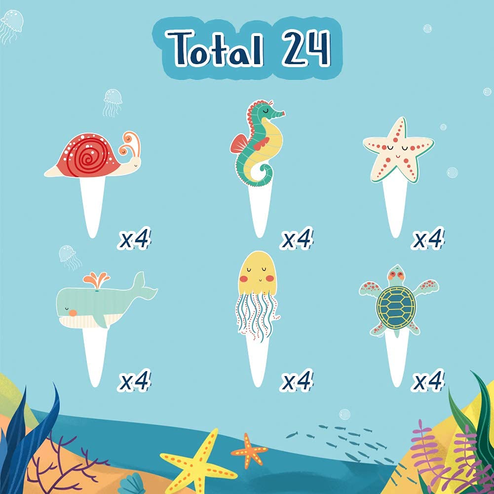 24 Pcs Sea Animal Cupcake Toppers - Ocean Theme Birthday Party Decorations, Under the Sea Baby Shower Supplies for Cake Decor, Dessert Table & Nautical Themed Events