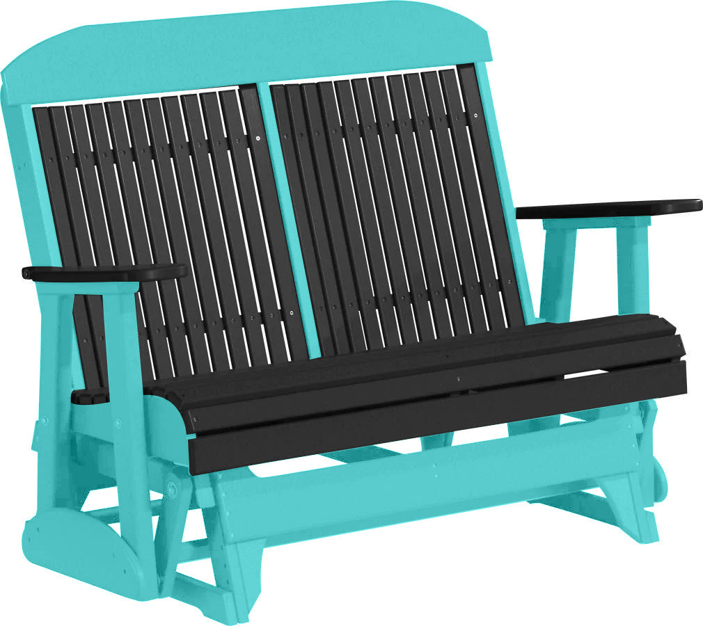 LuxCraft 4 ft. Black Recycled Plastic Highback Outdoor Glider Bench with Cup Holder - Perfect for Patio, Garden, Deck, and Backyard Relaxation