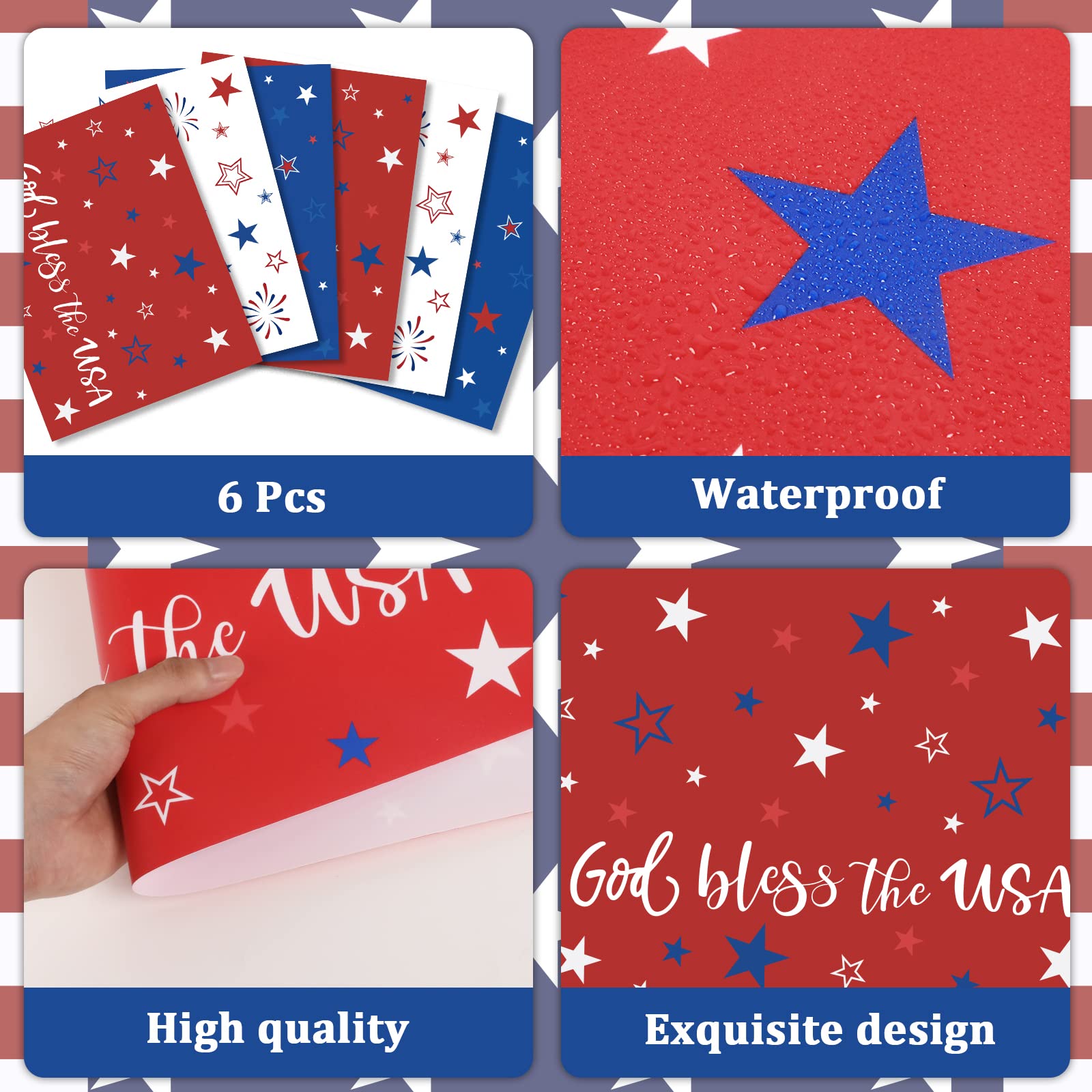 6-Pack Patriotic Placemats Set - American Flag & Stars Design for 4th of July, Memorial Day, Veterans Day - Durable Plastic Table Mats for Indoor/Outdoor Dining, BBQs, Picnics & Holiday Parties