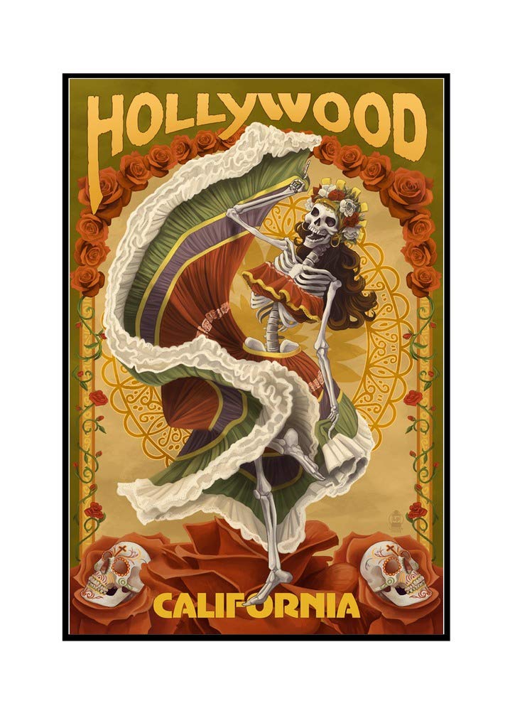 Day of the Dead Skeleton Dancing Canvas Art - 24x36 Framed Gallery Wrapped Stretched Wall Decor - Hollywood California Inspired Mexican Folk Art - Perfect for Halloween, Dia de los Muertos Celebrations & Home Office Decor