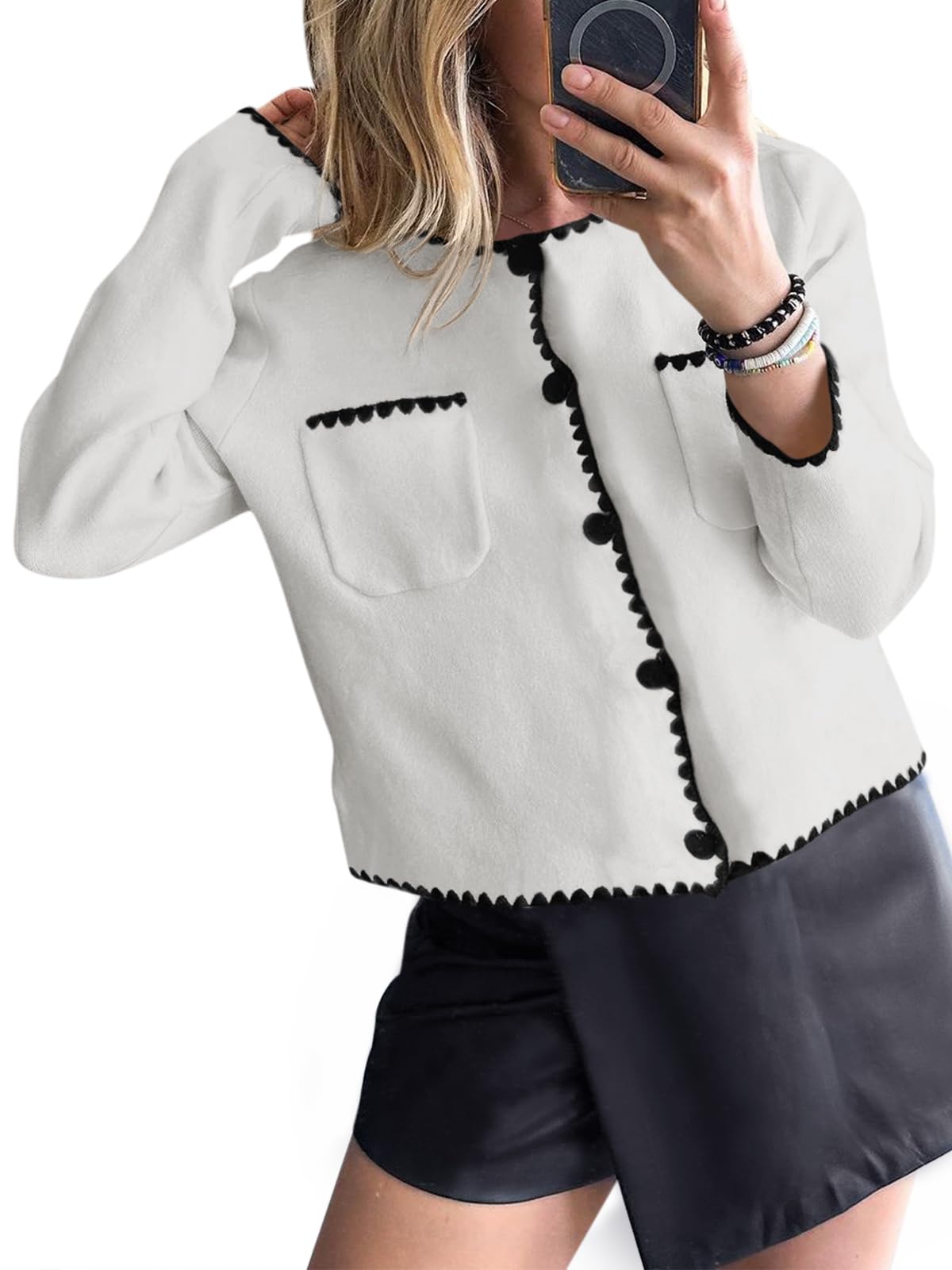 Saodimallsu Women's Cropped Cardigan Sweater - Crewneck Long Sleeve Button Down Knit Open Front Jacket with Pocket | Perfect for Fall Layering, Office Wear & Casual Outfits