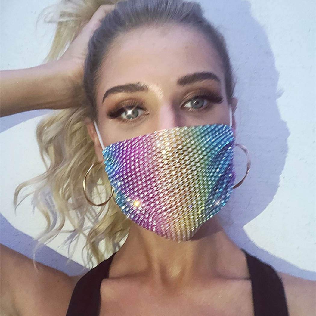 Sparkling Rhinestone Mesh Face Mask - Breathable Crystal Party Mask with Purple & Rainbow Stones for Women & Girls | Reusable Glam Mask for Nightclub, Rave, Costume & Special Events
