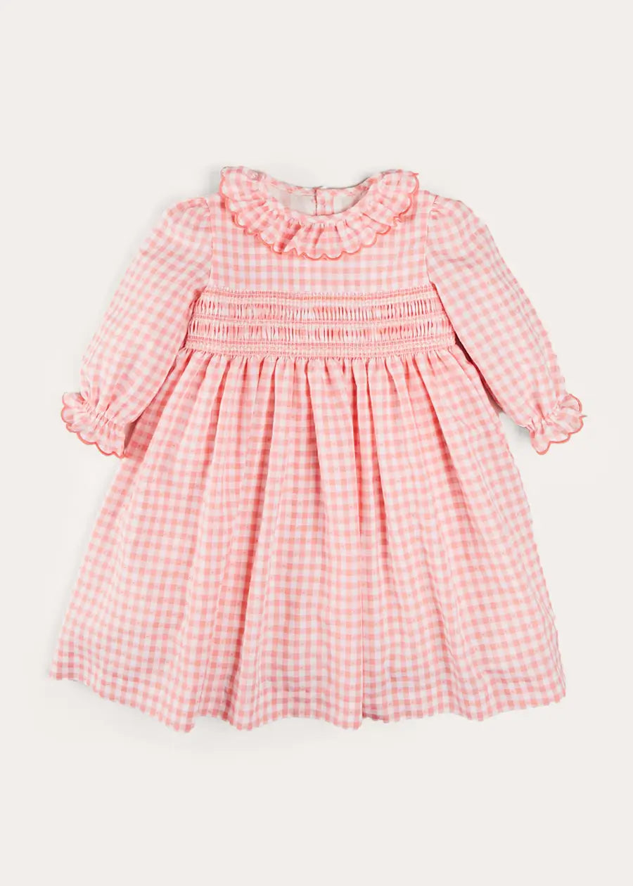 Gingham Smocked Ruffle Collar Long Sleeve Dress for Girls (12 Months - 10 Years) | Coral Floral Print | Perfect for Spring Photoshoots, Easter & Birthday Parties