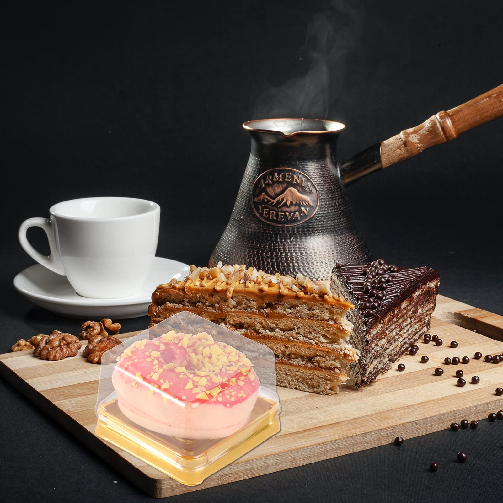 DOITOOL 50-Pack Clear Plastic Mooncake Boxes with Transparent Lids - Mini Cupcake Containers, Cookie & Muffin Dome Boxes, Single Cupcake Holders for Wedding, Birthday Party (Gold) - Perfect for Dessert Displays, Bakery Packaging & Gift Giving