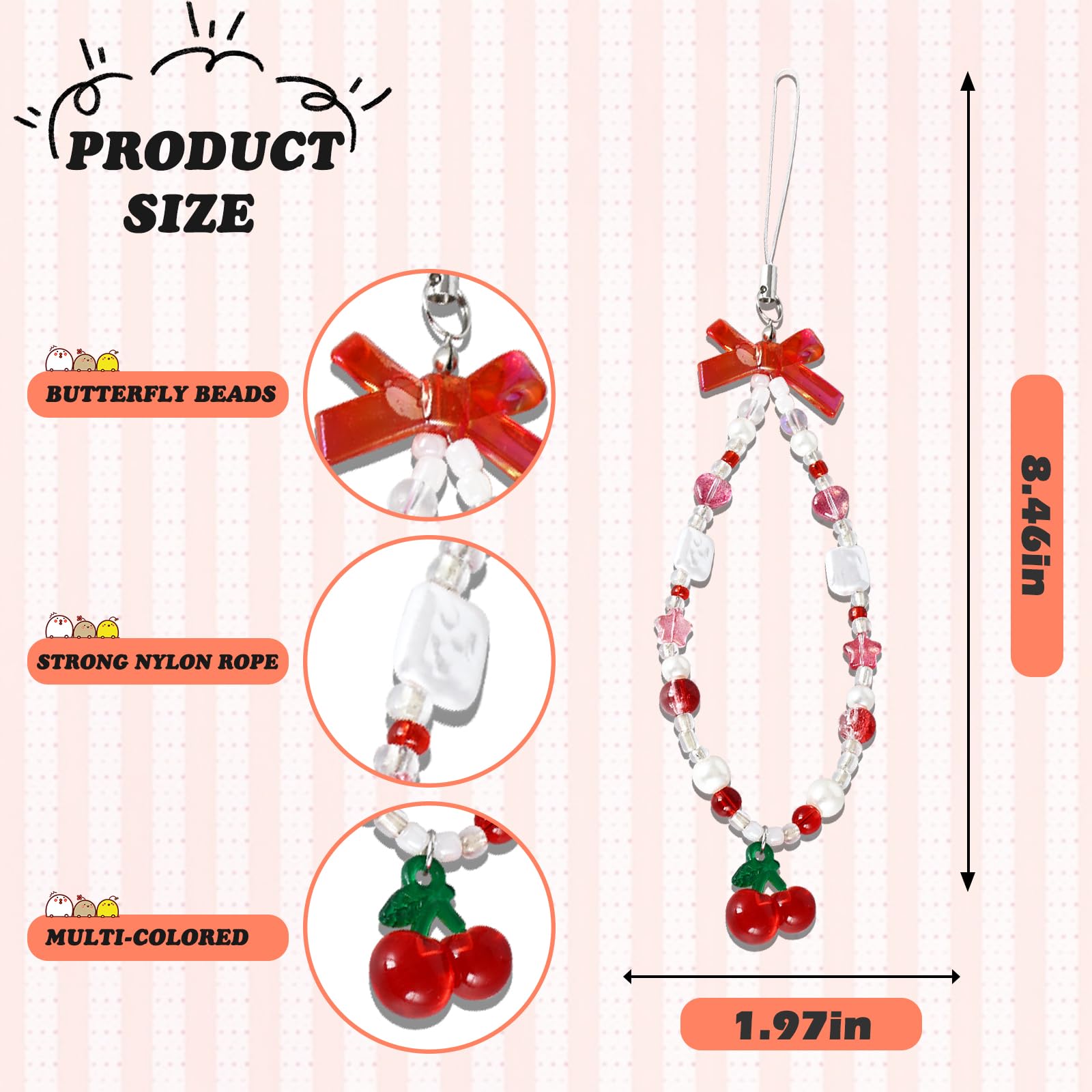 Cherry Phone Charms Strap - Cute Cell Phone Lanyard Wrist Strap with Pendant, Aesthetic Accessories for Phone, AirPods, Camera, and Bag - Perfect for Everyday Use, Travel, and Gift Giving