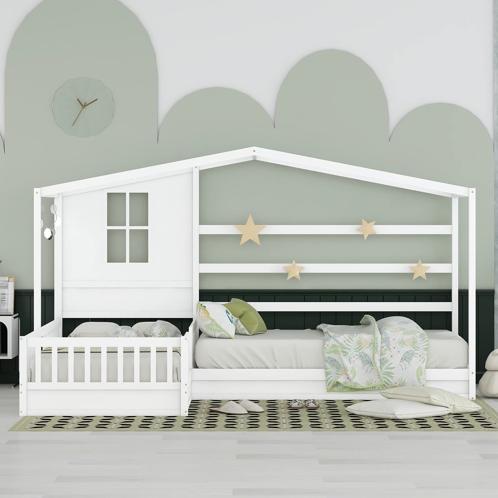 Bellemave L-Shaped Twin Bed Frame with Roof - Solid Wood Corner House Bed for Kids & Teens - Space-Saving Platform Bed for Small Rooms (White) - Perfect for Shared Kids' Bedrooms, Lofts & Cozy Spaces