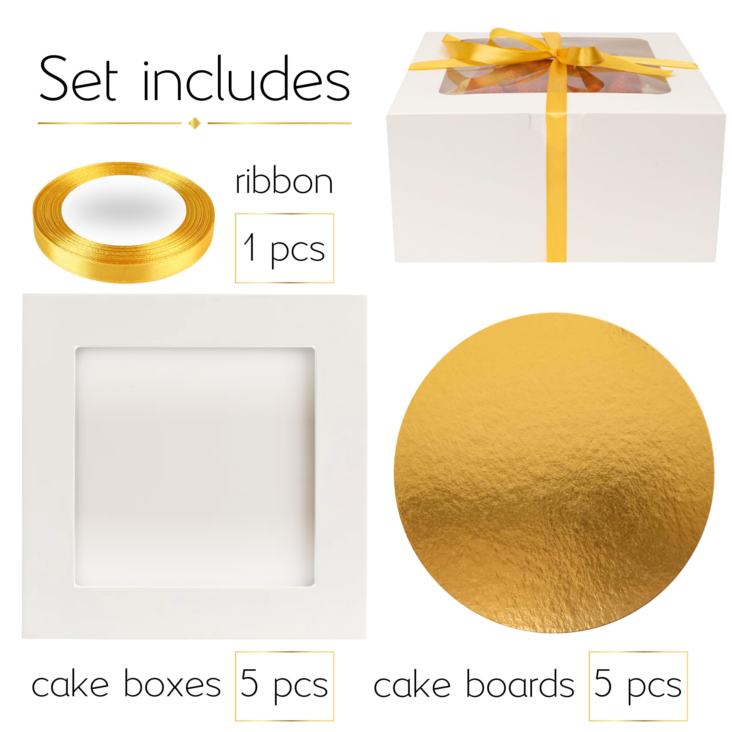 10 Inch Cake Box Set with Lids & Gold Ribbon - Disposable Bakery Boxes with Window, Cake Drum & Board for Birthday, Wedding & Party Desserts | BELMAKS Tall Cake Containers