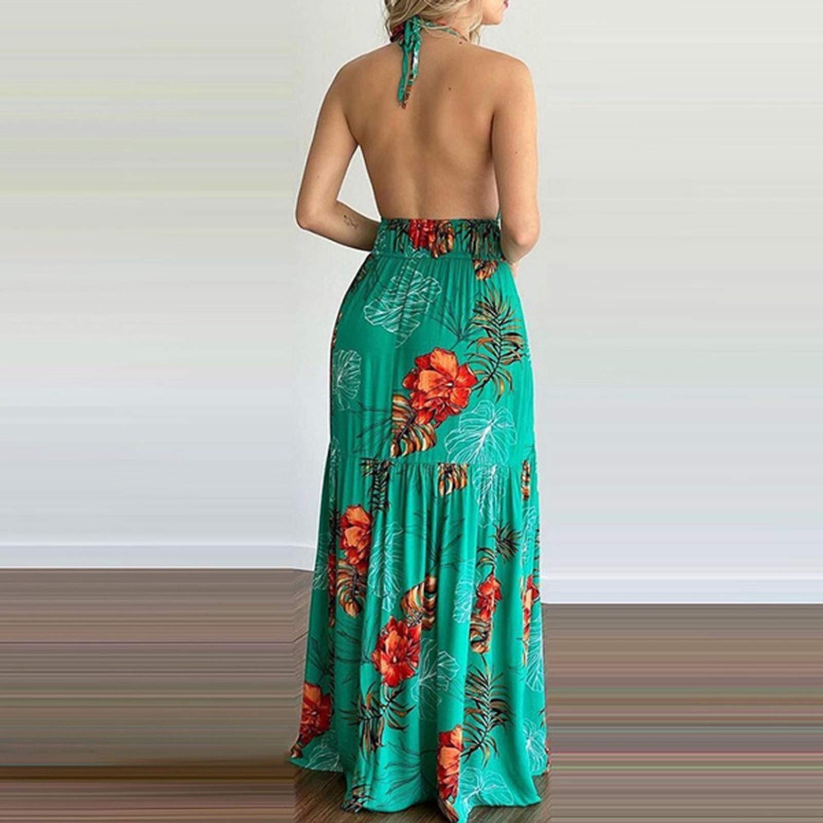 Women's Tropical Print Halter Backless Maxi Dress - Sexy Sleeveless Beach Sundress for Casual Party & Vacation - Green Large Size | Perfect for Summer Getaways, Beach Weddings & Tropical Vacations