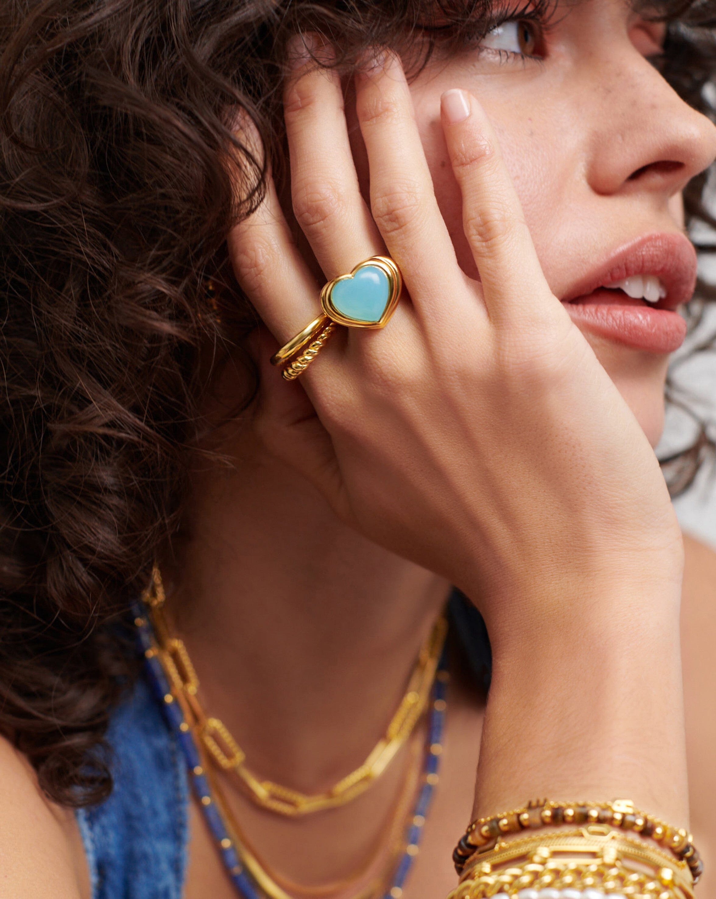 18k Gold Plated Aqua Chalcedony Jelly Heart Gemstone Ring for Women - Elegant Bohemian Jewelry Gift for Valentine's Day, Anniversary & Special Occasions