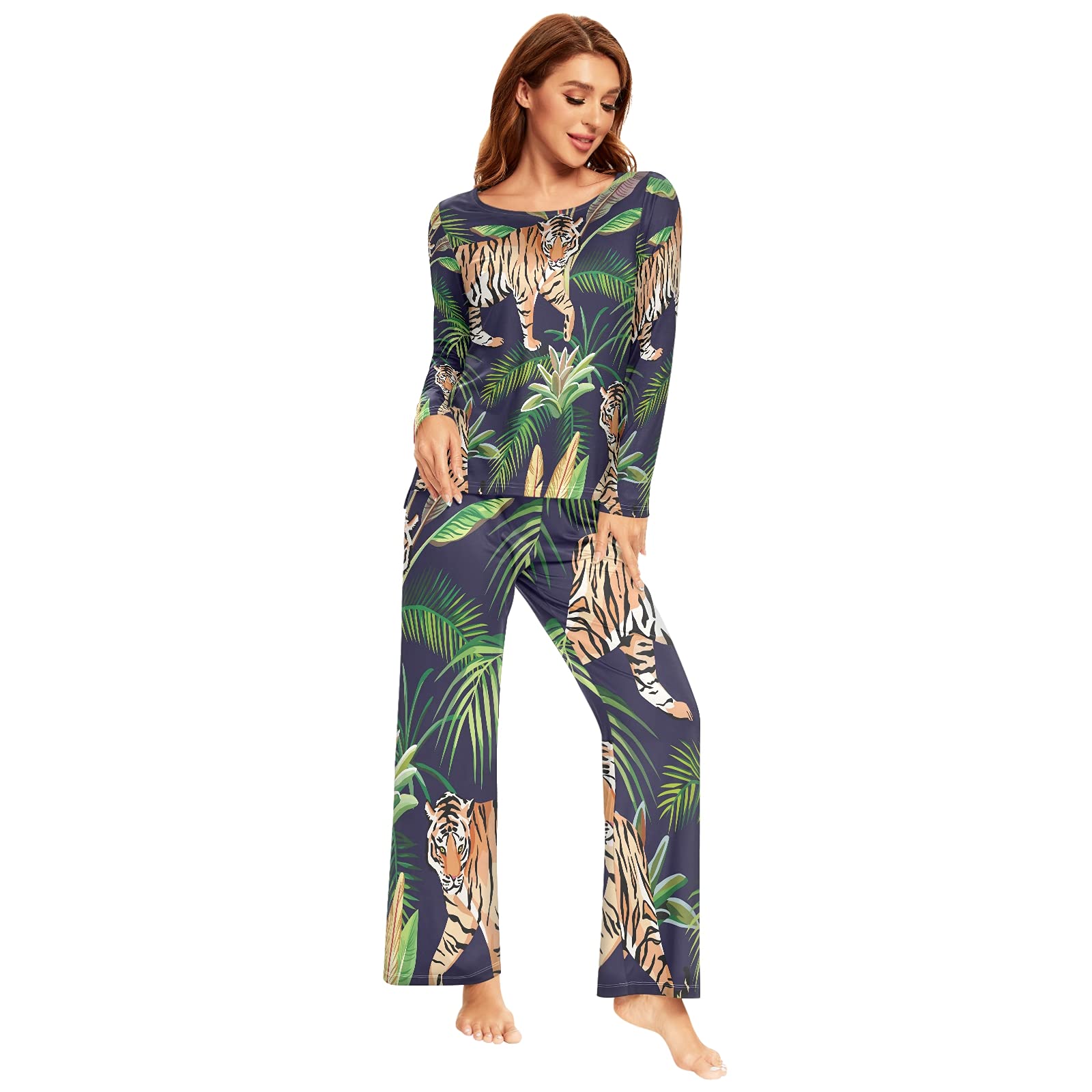 ALAZA Women's 2-Piece Tiger Palm Leaves Pajama Set - Long Sleeve Sleepwear & Lounge Wear for Cozy Nights, Relaxing at Home, and Gift Giving