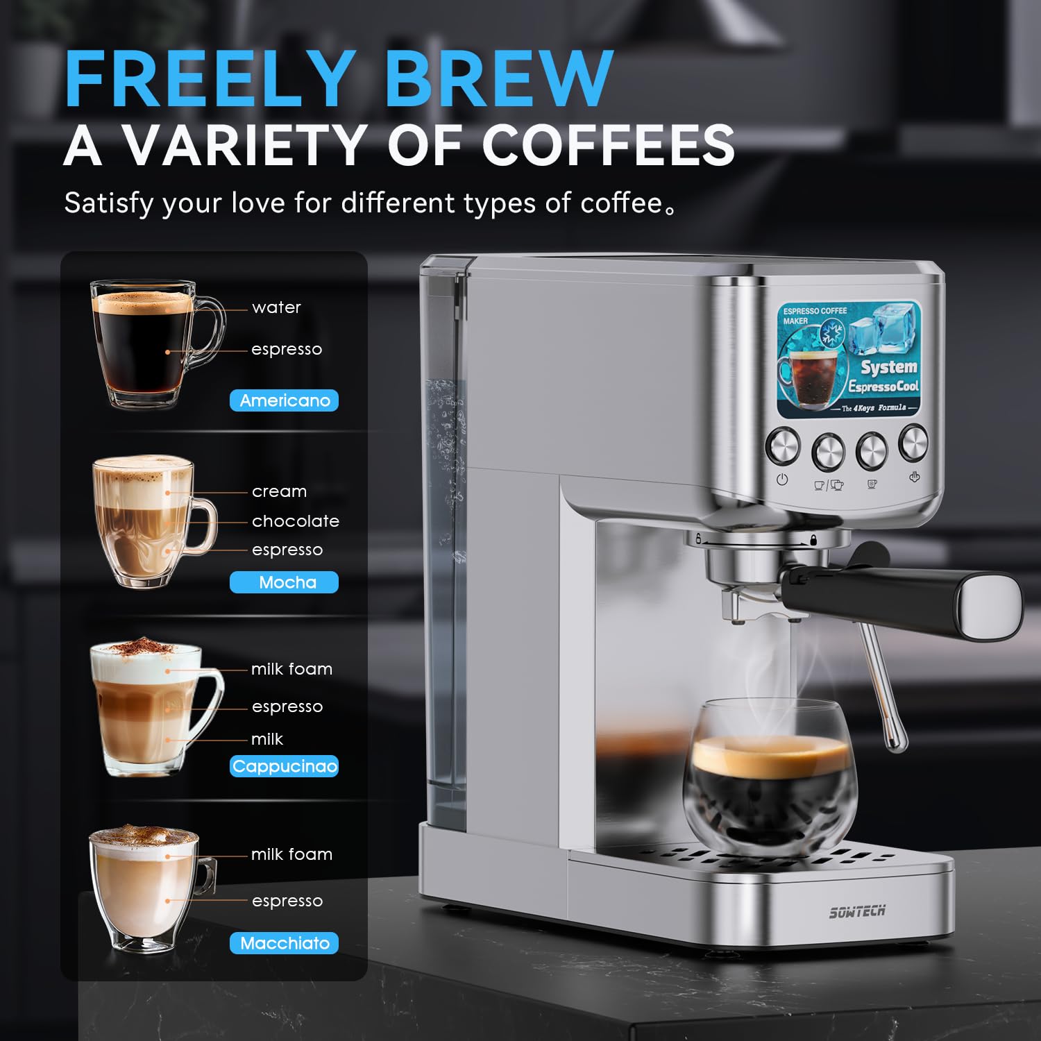 20 Bar Compact Espresso Machine with Milk Frother - Stainless Steel Coffee Maker with 42oz Water Tank for Cappuccino, Latte & Cold Brew - Perfect for Home, Office & Small Cafes (Silver)