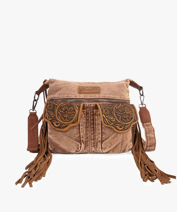 Wrangler Fringe Floral Tooled Denim Crossbody Bag for Women - Western Style Handbag Purse for Casual Outings, Music Festivals & Country Events